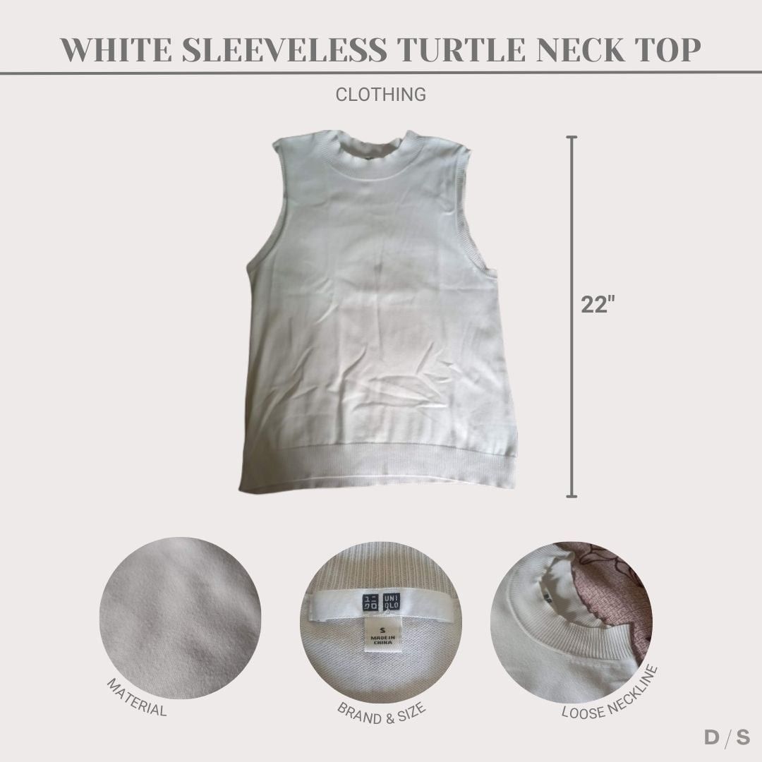 Uniqlo White Sleeveless Turtle Neck Top (Category: Sleeveless) located in San Pedro. Submitted by declutteredstyle_laguna (Listing ID 1413245211, Image 2). Description: Uniqlo White Sleeveless Turtle Neck Top is lightly used and has loose neckline. It is for casual and/or formal use and it is comfortable to use because of its material. It is S size. MOP: GCash.
