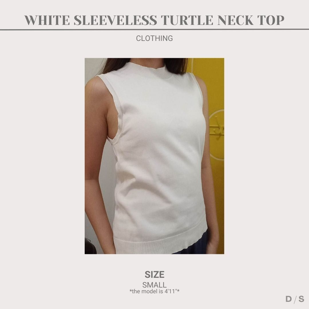 Uniqlo White Sleeveless Turtle Neck Top (Category: Sleeveless) located in San Pedro. Submitted by declutteredstyle_laguna (Listing ID 1413245211, Image 1). Description: Uniqlo White Sleeveless Turtle Neck Top is lightly used and has loose neckline. It is for casual and/or formal use and it is comfortable to use because of its material. It is S size. MOP: GCash.