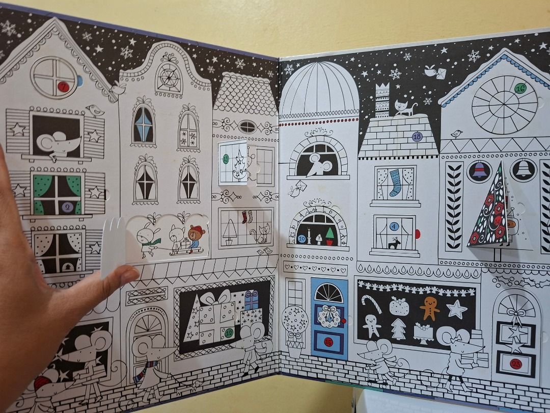 Usborne Advent Calendar to Colour (Category: Children's Books) located in Pasig City. Submitted by loisegems (Listing ID 1413377323, Image 2). Description: - Usborne Advent Calendar to Colour - Festive design with houses and doors - Designed for coloring - Unused and ready for the holidays.