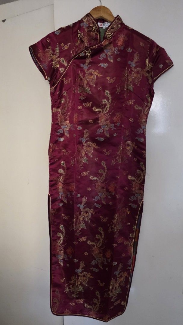 Vintage Embroidered Cheongsam Dress (Category: Dresses) located in Las Pinas. Submitted by secondlifefindsph (Listing ID 1413417618, Image 3). Description: - Vintage burgundy cheongsam/qipao dress - Intricate gold dragon and phoenix embroidery - Purchased from China - Unused (tried on once for fitting but never worn).