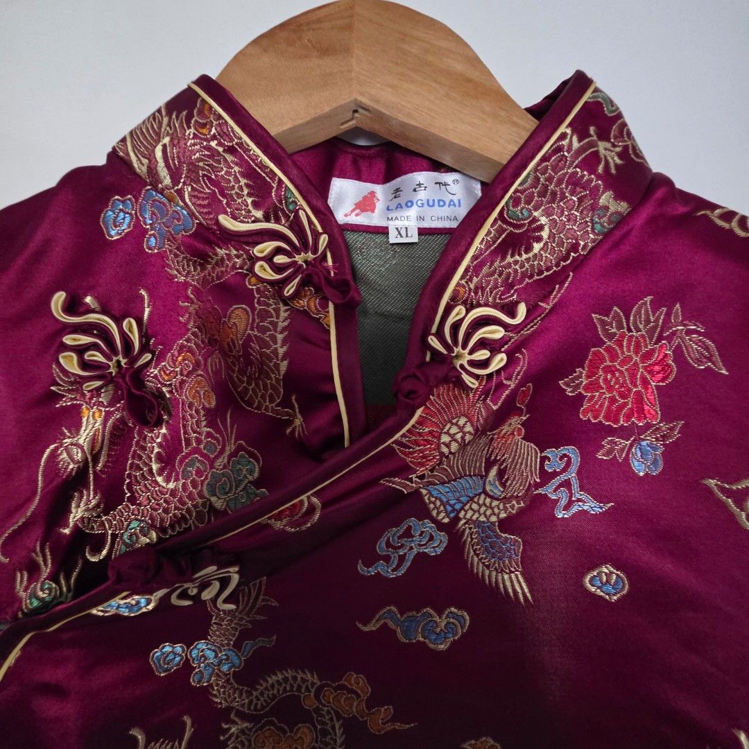 Vintage Embroidered Cheongsam Dress (Category: Dresses) located in Las Pinas. Submitted by secondlifefindsph (Listing ID 1413417618, Image 2). Description: - Vintage burgundy cheongsam/qipao dress - Intricate gold dragon and phoenix embroidery - Purchased from China - Unused (tried on once for fitting but never worn).