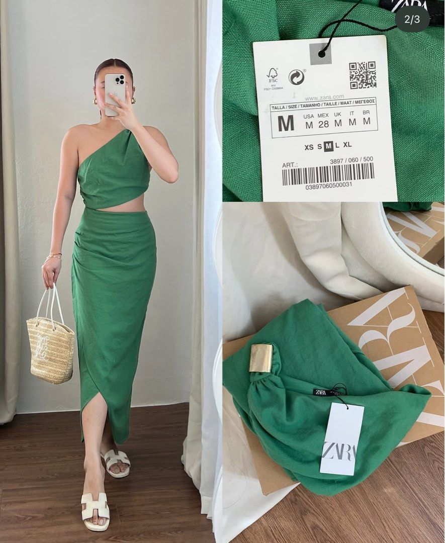 Zara green dress (Category: Dresses) located in Taguig. Submitted by maybsv (Listing ID 1413382836, Image 2). Description: Fix price. Maganda ang fit pero hindi kasya sa boobs cup size ko. Cup D ako so sakto siya sa C cguro. Hindi lang ako comfortable pero very nice ng dress ganda ng color!.