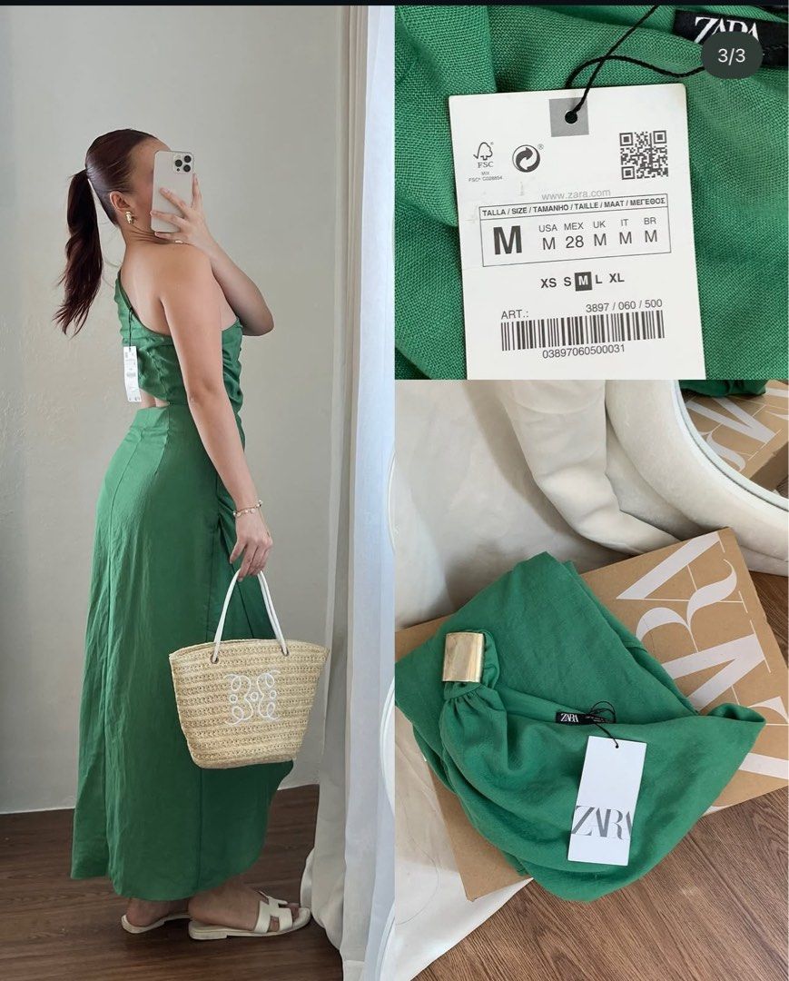 Zara green dress (Category: Dresses) located in Taguig. Submitted by maybsv (Listing ID 1413382836, Image 1). Description: Fix price. Maganda ang fit pero hindi kasya sa boobs cup size ko. Cup D ako so sakto siya sa C cguro. Hindi lang ako comfortable pero very nice ng dress ganda ng color!.