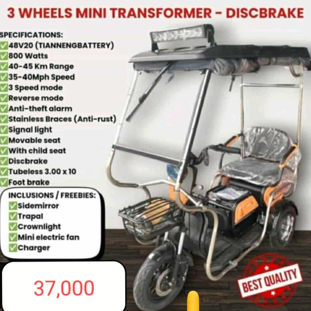Used 3 wheel ebike (Category: Motorbikes for Sale) located in Manila. Submitted by meghantherobot (Listing ID 1418609421, Image 3). Description: Electric tricycle with 48V20 Tianneng battery, 800 Watts, and a range of 40-45 Km. It has a 3-speed mode, reverse mode, and anti-theft alarm. Features include stainless braces, signal light, movable seat, discbrake, and tubeless tires. Includes sidemirror, trapal, crownlight, mini electric fan, and charg