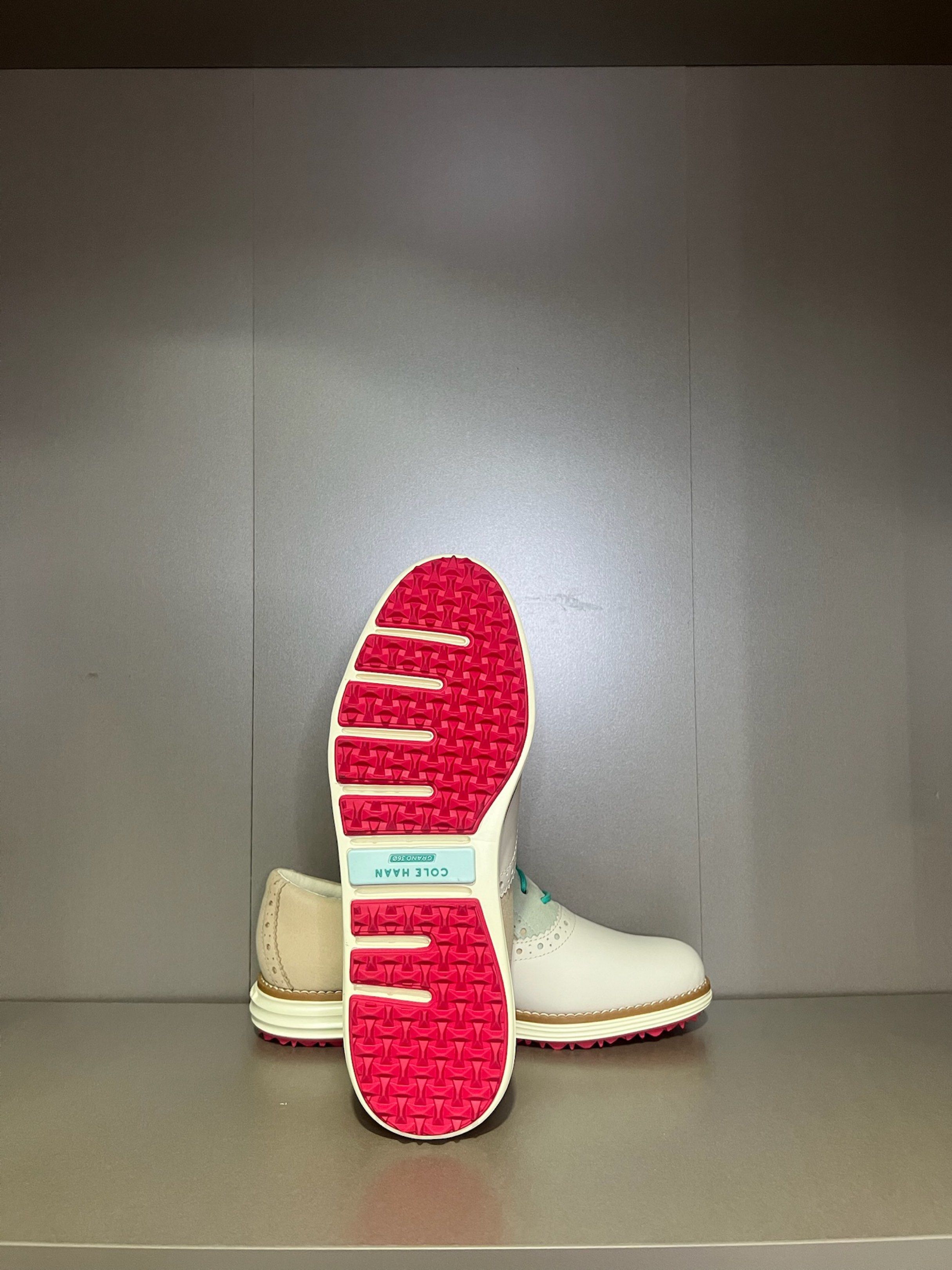 Cole Haan Waterproof Golf Shoes (Category: Golf) located in Quezon City. Submitted by shoppaloco (Listing ID 1418598407, Image 3). Description: - Cole Haan waterproof golf shoes - White and beige leather upper - Turquoise laces and accents - Pink and white sole - Includes original tags - Classic saddle shoe design - 36 EU .