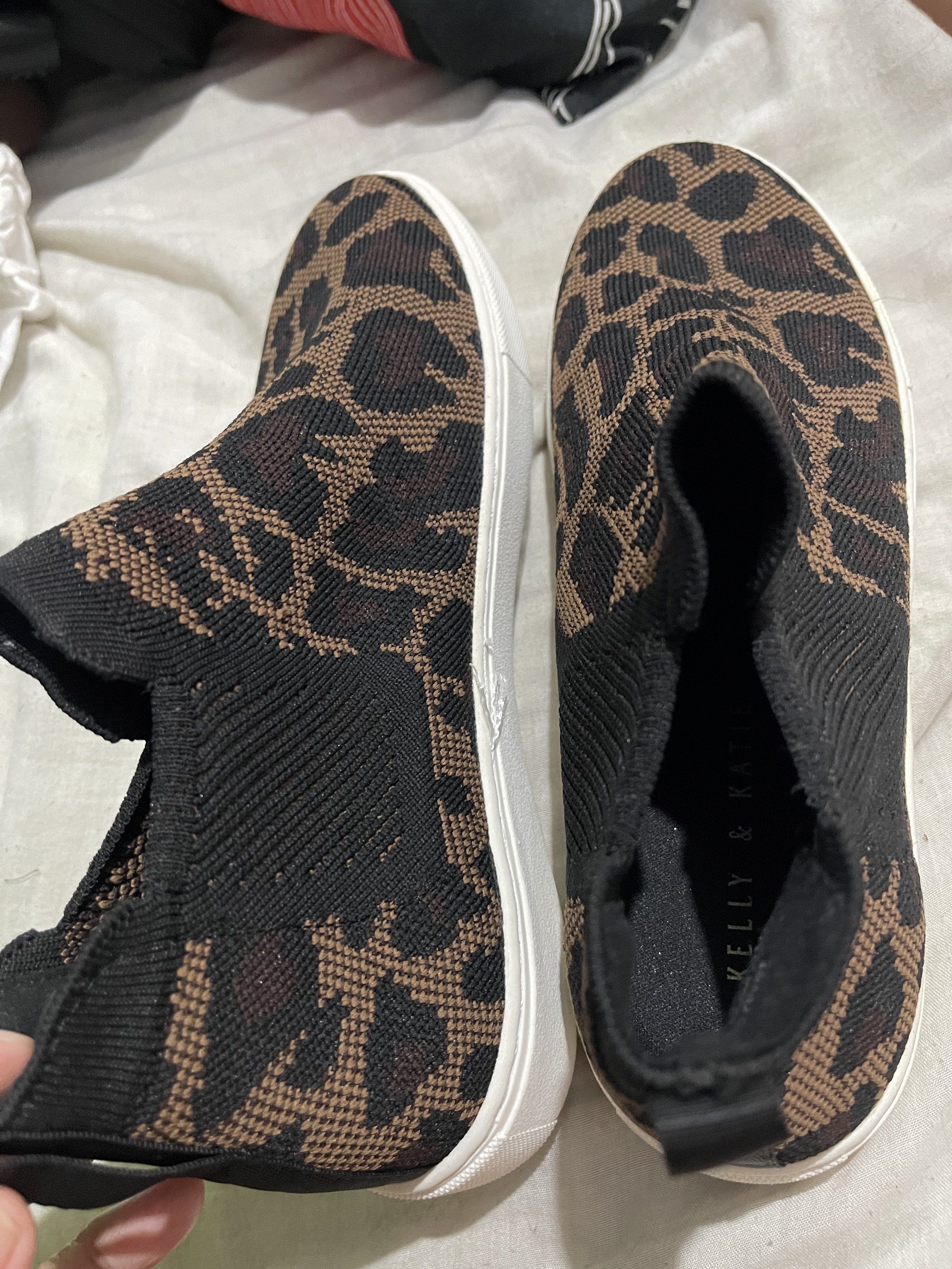 Kelly & Katie Leopard Print Sneakers Size 10 (Category: Sneakers) located in Manila. Submitted by lqndnm.lhen (Listing ID 1418653477, Image 2). Description: - Kelly & Katie sneakers - Leopard print design - Slip-on style - Comfortable knit upper - White sole - US size 10.