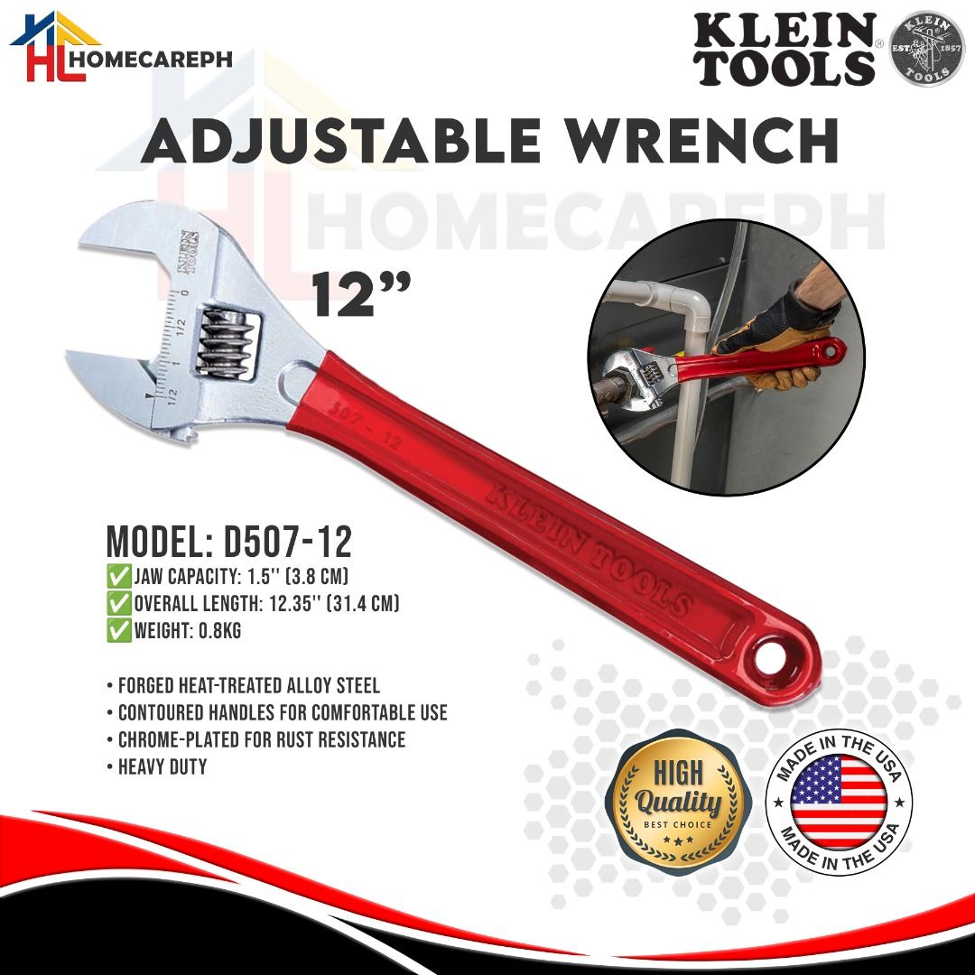 Klein Tools Adjustable Wrench 12 inches D507-12 (Category: Construction Tools & Equipment) located in Manila. Submitted by homecareph (Listing ID 1298999758, Image 1). Description: 01-30-2026 ✅For Sale !!! Retail / Wholesale ✅KLEIN TOOLS ADJUSTABLE WRENCH ✅Model: D507-12 • Jaw Capacity: 1.5'' (3.8 cm) • Overall Length: 12.35'' (31.4 cm) • Weight: 0.8kg • Forged heat-treated alloy steel • Contoured handles for comfortable use • Chrome-plated for r