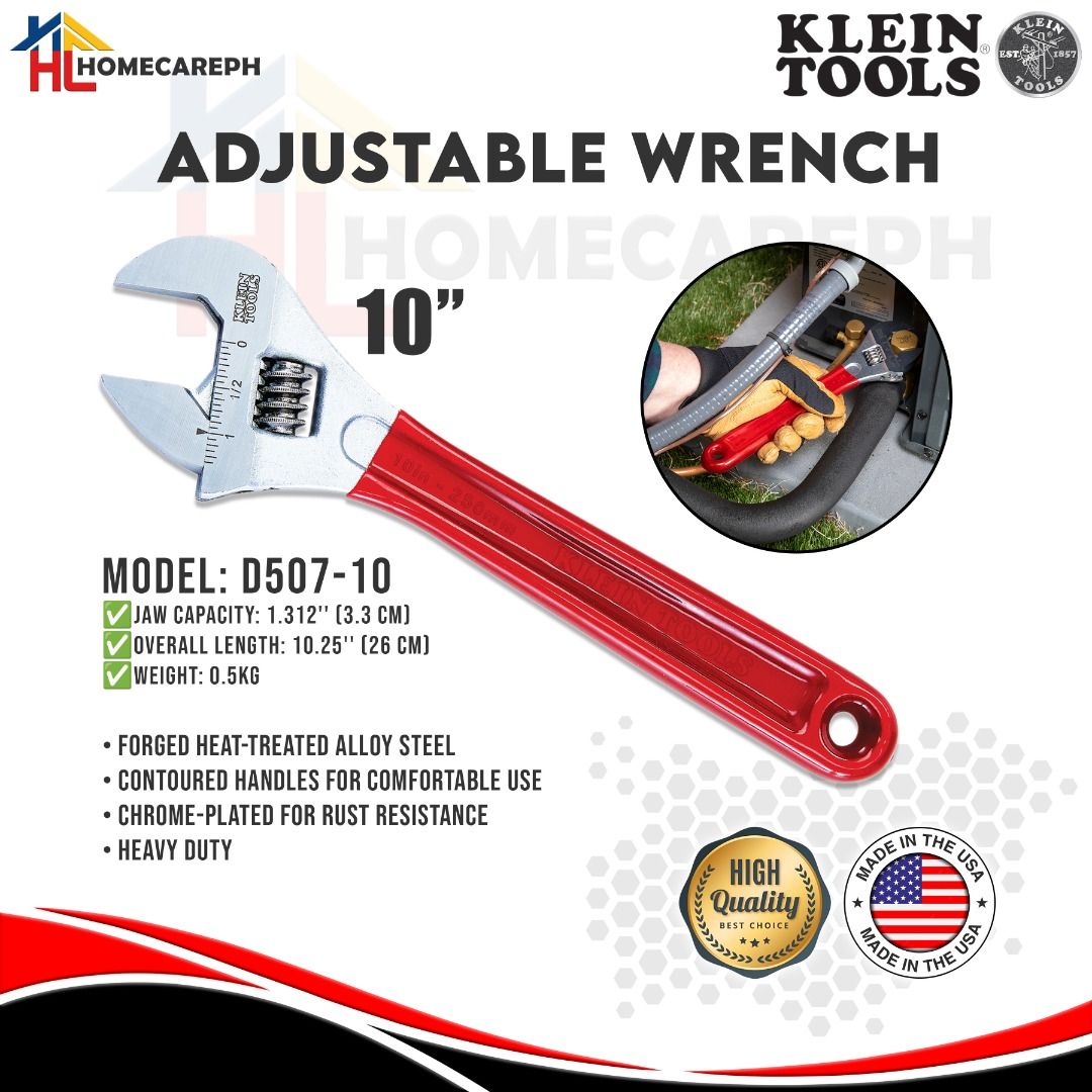 Klein Tools Adjustable Wrench 10 inches D507-10 (Category: Construction Tools & Equipment) located in Manila. Submitted by homecareph (Listing ID 1301546661, Image 1). Description: 01-30-2026 ✅For Sale !!! Retail / Wholesale ✅KLEIN TOOLS ADJUSTABLE WRENCH ✅MODEL: D507-10 • Jaw Capacity: 3.3cm • Overall Length: 26cm • Weight: 0.5kg • Forged heat-treated alloy steel • Contoured handles for comfortable use • Chrome-plated for rust resistance • Heavy