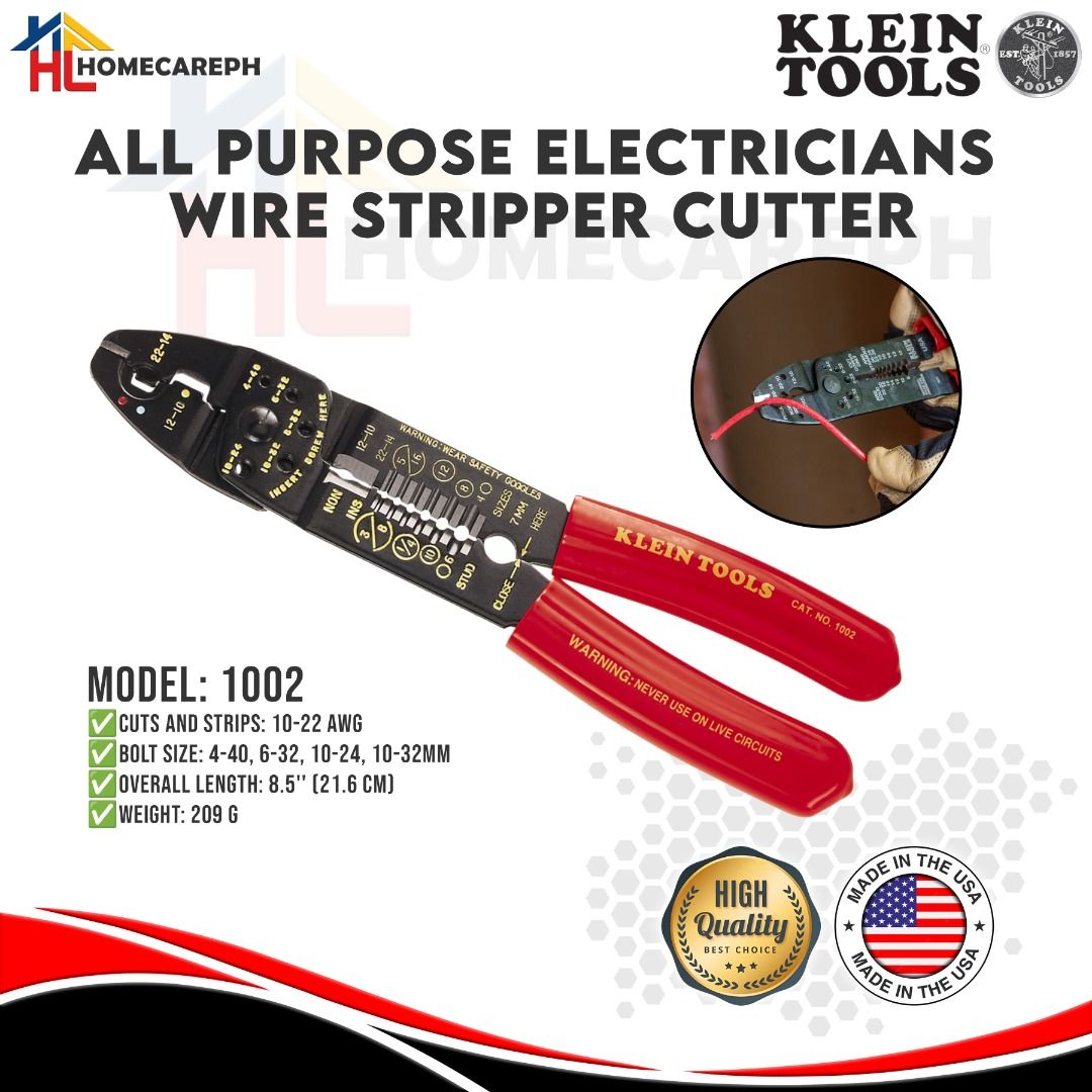Klein Tools All Purpose Electricians Wire Stripper Cutter 1002 (Category: Construction Tools & Equipment) located in Manila. Submitted by homecareph (Listing ID 1299000016, Image 1). Description: 01-30-2026 ✅For Sale !!! Retail / Wholesale ✅KLEIN TOOLS ✅ALL PURPOSE ELECTRICIANS WIRE STRIPPER CUTTER ✅MODEL: 1002 • Cuts & Strips: 10-22 AWG • Bolt Size: 4-40, 6-32, 10-24, 10-32mm • Overall Length: 21.6cm • Weight: 209g ✅100% Original ✅Made in USA ✅Q
