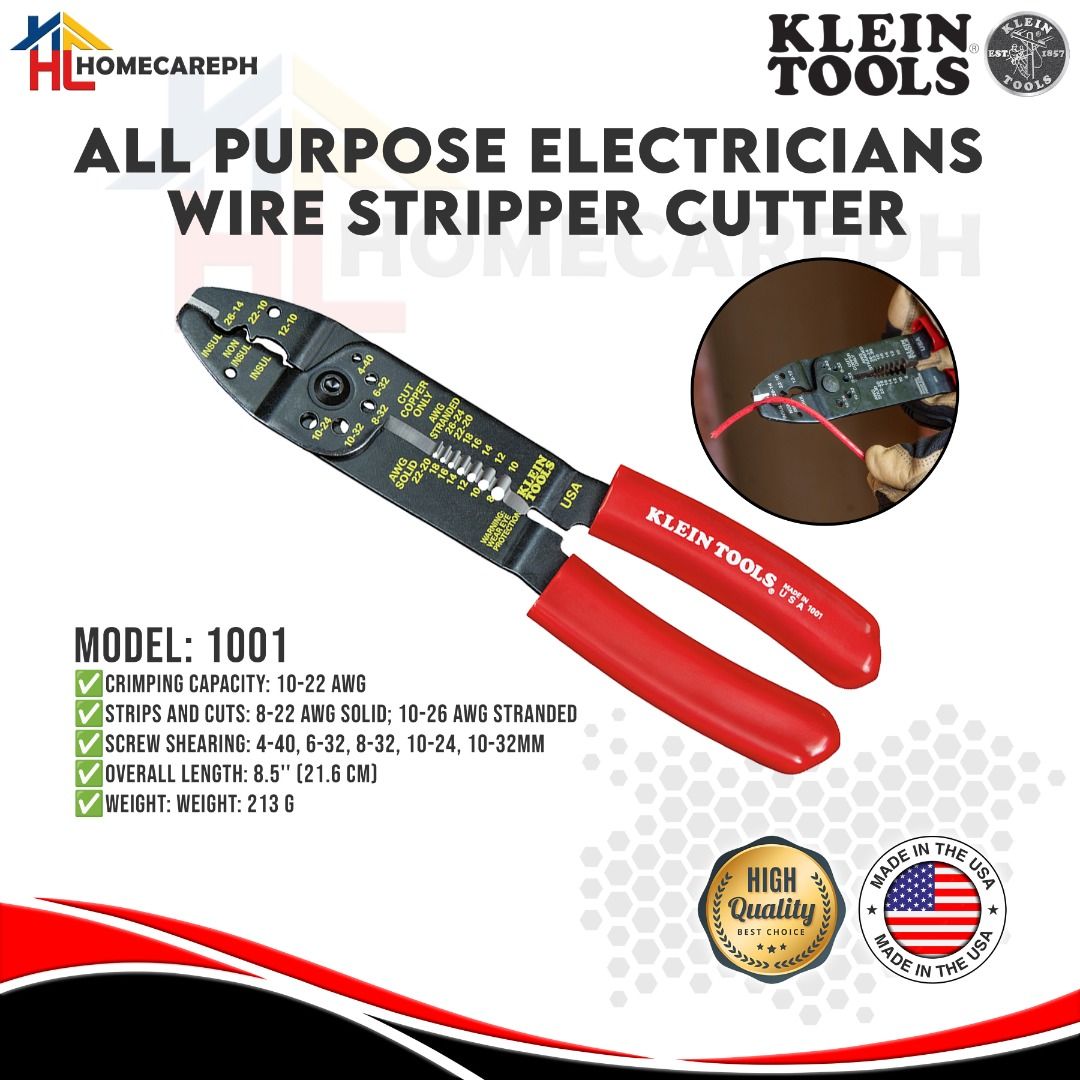 Klein Tools All Purpose Electricians Wire Stripper Cutter 1001 (Category: Construction Tools & Equipment) located in Manila. Submitted by homecareph (Listing ID 1302236742, Image 1). Description: 01-30-2026 ✅For Sale !!! Retail / Wholesale ✅KLEIN TOOLS ✅ALL PURPOSE ELECTRICIANS WIRE STRIPPER CUTTER ✅MODEL: 1001 • Crimping Capacity: 10-22 AWG • Strip & Cuts: 8-22 AWG Solid / 10-26 AWG Stranded • Screw Shearing: 4-40, 6-32, 10-24, 10-32mm • Overall
