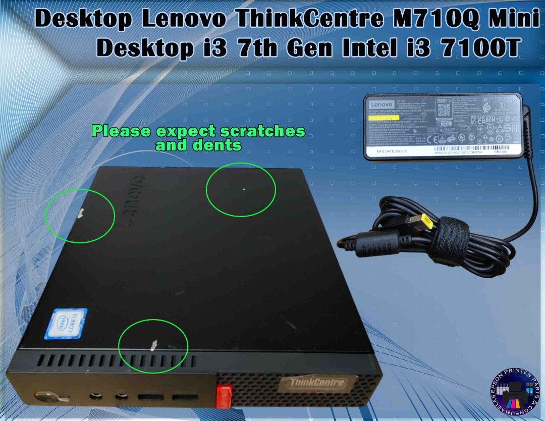 Lenovo ThinkCentre M710Q Mini Desktop i3 (Category: Desktops) located in Caloocan City. Submitted by kayefabura16479 (Listing ID 1418602211, Image 2). Description: Lenovo ThinkCentre M710Q Mini Desktop with Intel i3 7100T processor. It has DDR4 RAM compatibility with 2 RAM slots available. Includes WiFi, an M.2 NVME slot, and a 2.5 HDD slot. Features 2 cores and 4 threads. Power supply is 20V, 3.25A. Please expect scratches and dents..