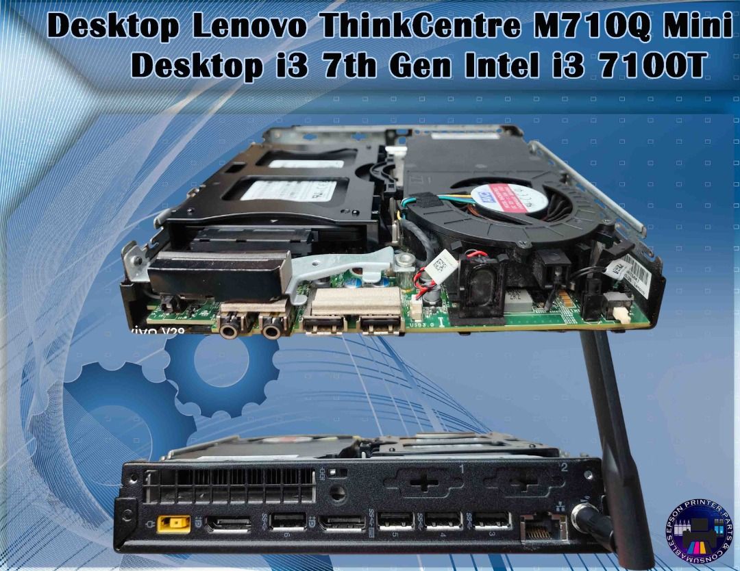 Lenovo ThinkCentre M710Q Mini Desktop i3 (Category: Desktops) located in Caloocan City. Submitted by kayefabura16479 (Listing ID 1418602211, Image 1). Description: Lenovo ThinkCentre M710Q Mini Desktop with Intel i3 7100T processor. It has DDR4 RAM compatibility with 2 RAM slots available. Includes WiFi, an M.2 NVME slot, and a 2.5 HDD slot. Features 2 cores and 4 threads. Power supply is 20V, 3.25A. Please expect scratches and dents..