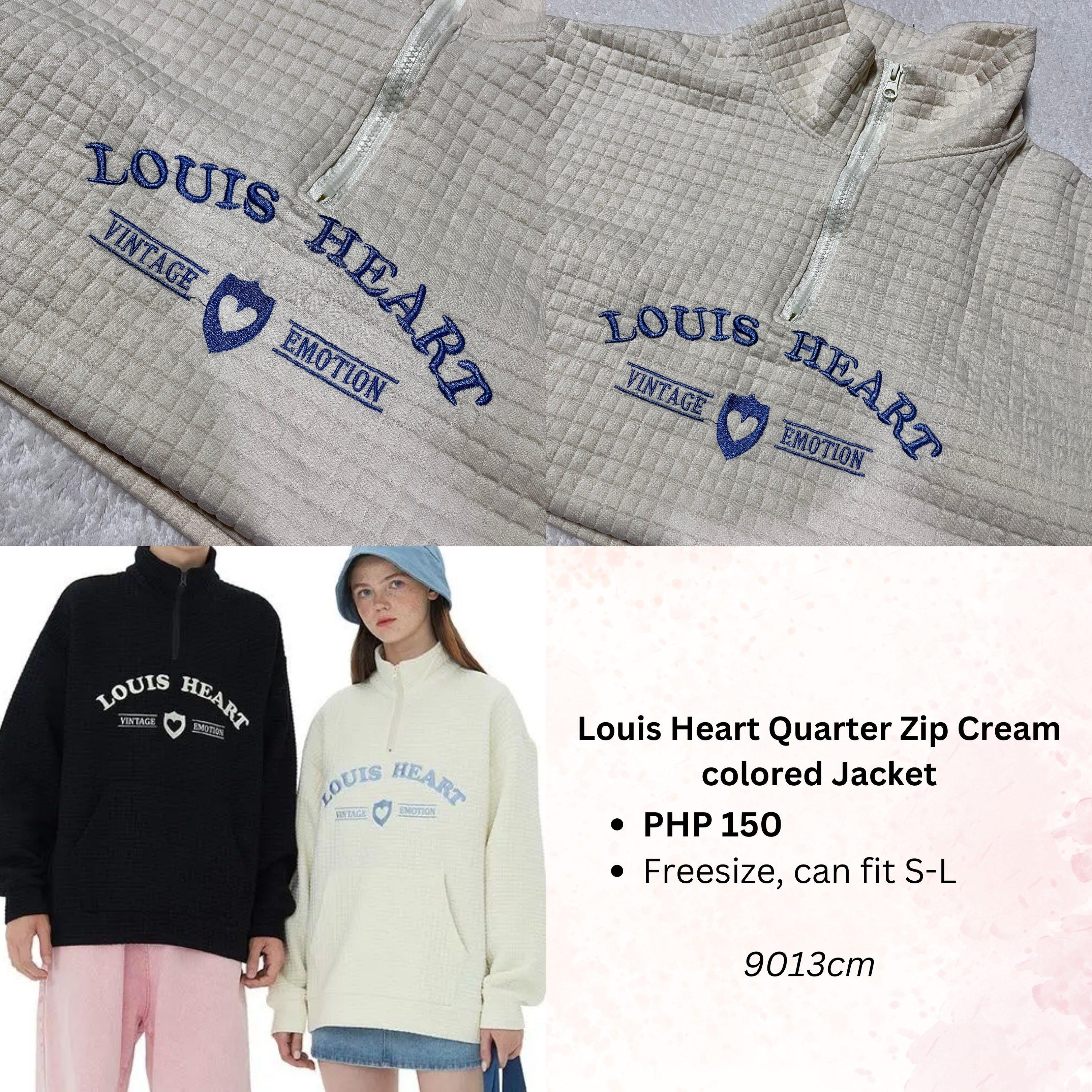 Louis Heart White Cream Quarterzip Jacket (Category: Coats, Jackets and Outerwear) located in Manila. Submitted by 9013cm (Listing ID 1418725504, Image 2). Description: Oversized Fits XS-M ₱150 + SHIPPING ❗️Please read the TERMS AND CONDITIONS before transacting MOP: GCash, Maya, or cash upon meet up (NO COD) MOD: J&T, Lalamove, or meet up around Dapitan area only Location: Sampaloc Manila.