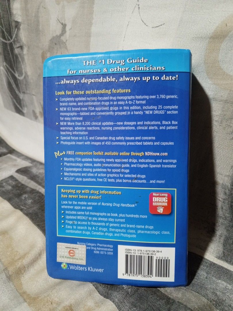 Nursing 2021 Drug Handbook (Category: Textbooks) located in Antipolo. Submitted by choco.naut (Listing ID 1418659770, Image 2). Description: Nursing 2021 Drug Handbook by Wolters Kluwer 🩺 - Comprehensive drug guide for nurses and clinicians - Includes updated drug information and new drugs - Features clinical alerts and patient teaching information - Covers drug interactions and adverse reactions Lightly used with foxing on the edges. No annotat