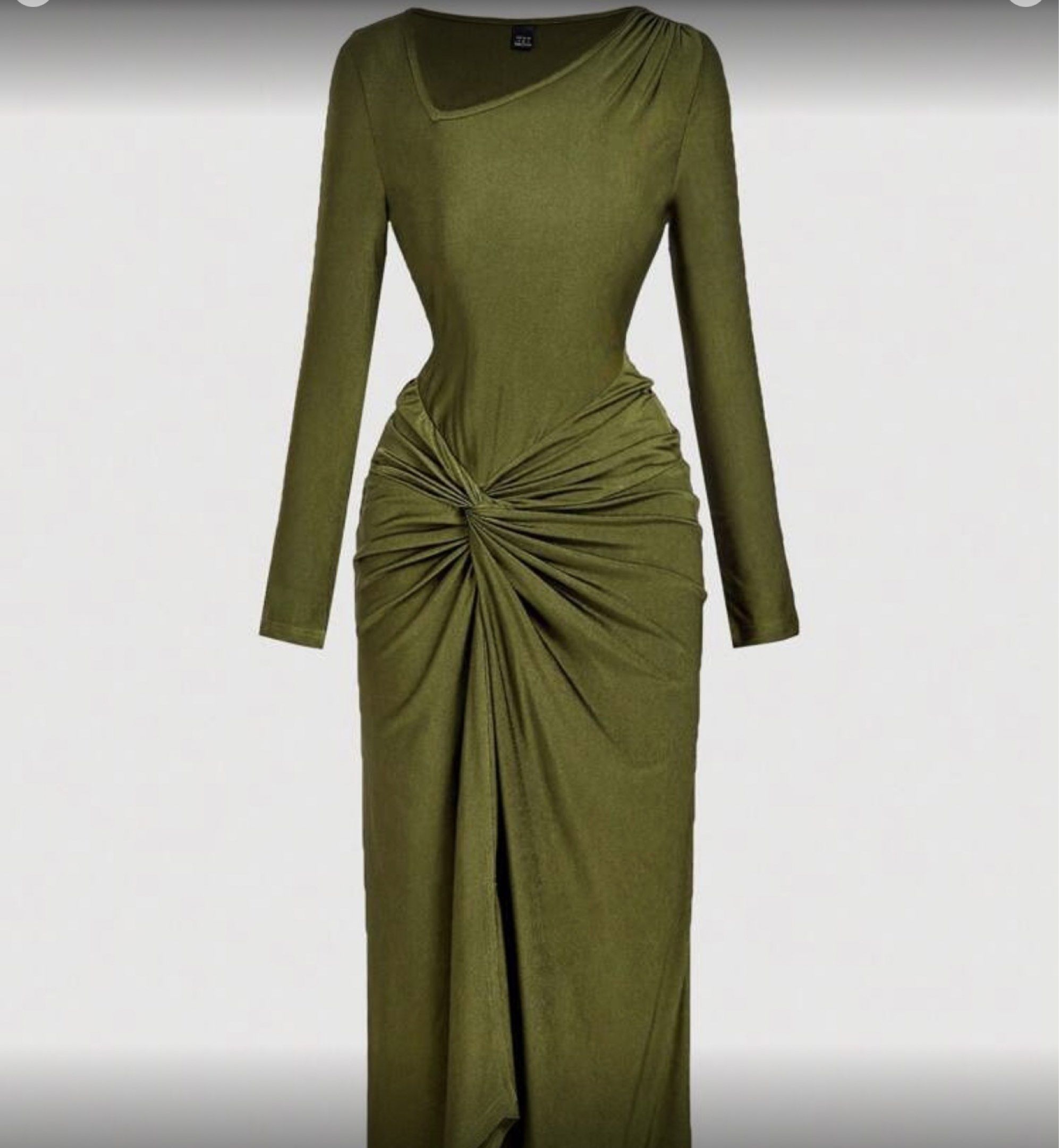 Olive Green Knot Front Maxi Dress (Category: Dresses) located in Manila. Submitted by reyganots (Listing ID 1418668634, Image 1). Description: Elegant olive green maxi dress. Features a unique knot front design and long sleeves. The dress has a flattering silhouette with a fitted waist and a subtle slit. Perfect for special occasions or a night out. Made from a comfortable, stretchy fabric. This is a small but could easily fit a large. NEVER WORN