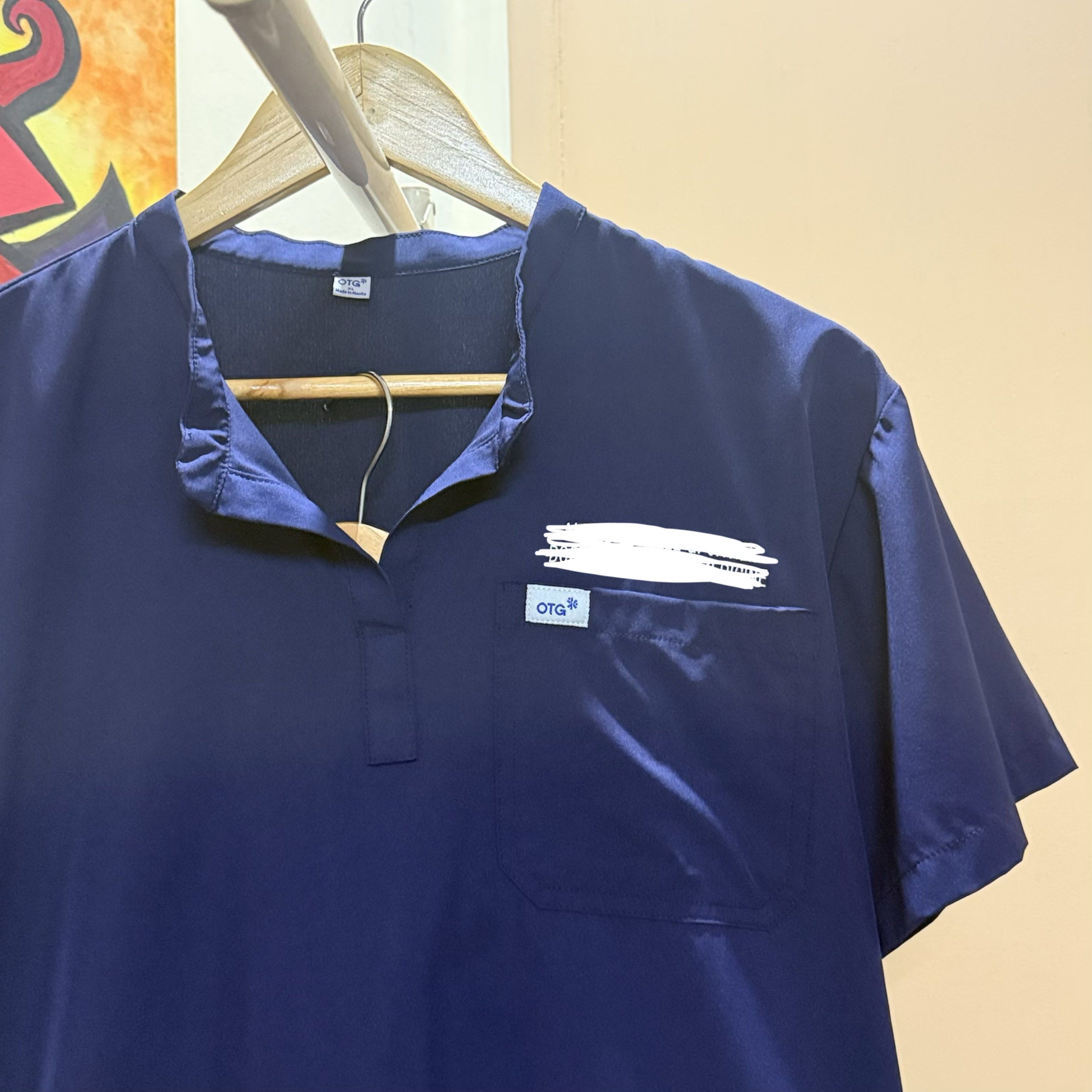 OTG BasicFlex Scrubs Set | XL | Dark Blue | Like New (Category: Sets or Coordinates) located in Manila. Submitted by decluttertheglitter (Listing ID 1418751122, Image 2). Description: OTG BasicFlex Scrubs in Dark Blue — color already phased out / no longer available online. Like new, barely used. Size: XL (Women) / L (Men) Original price ₱2,000 per pair, selling for ₱1,300 per pair. ✔️ Mandarin scrub top ✔️ Straight cut scrub pants ❗ Has name emb