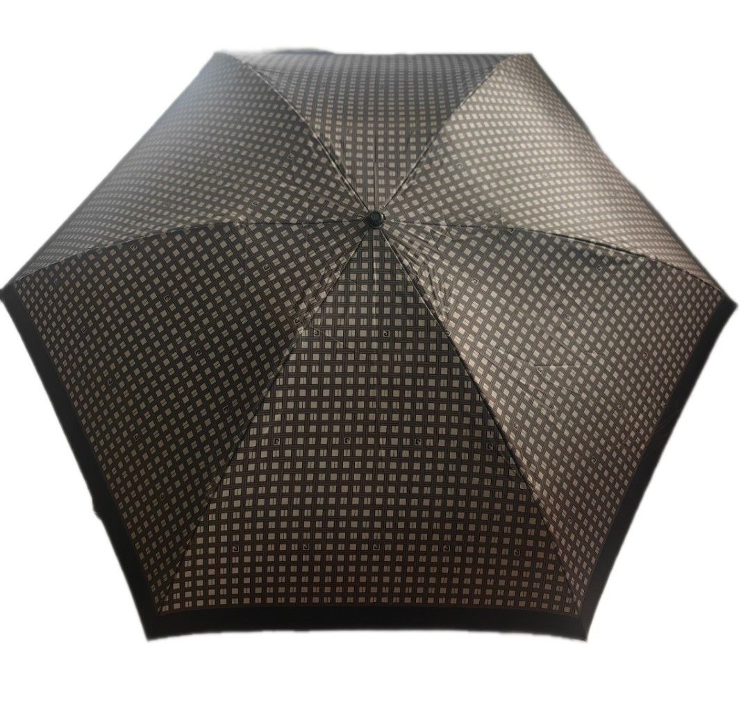 Pierre Cardin Checkered Umbrella (Category: Umbrellas) located in Legazpi City. Submitted by riris.unique.finds (Listing ID 1418607353, Image 1). Description: - Pierre Cardin umbrella - Checkered pattern - Black braided handle - Silver handle with brand name - Foldable for easy storage - Color scheme: Black and brown. Dimensions: Open width: 36 inches Close length: 8 inches Open length: 20 inches.