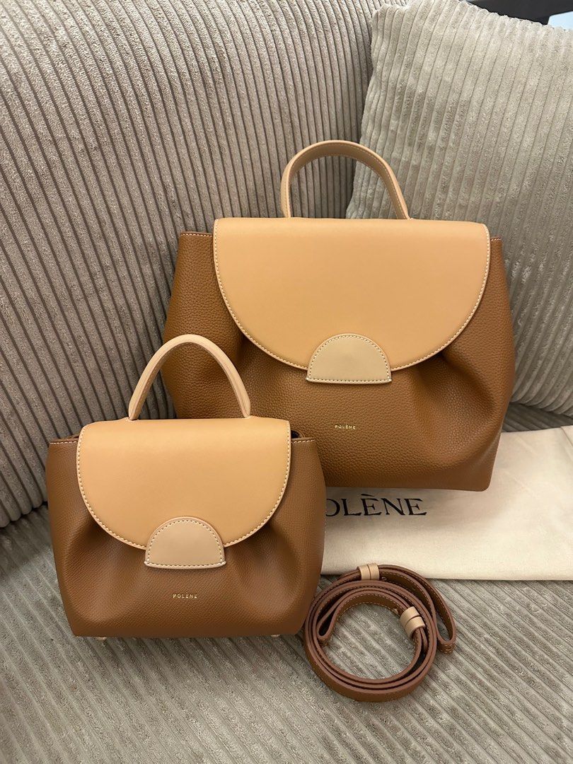Polène Handbag (Category: Luxury Bags & Wallets) located in Davao. Submitted by eunice_24 (Listing ID 1418596032, Image 1). Description: - Polène handbag with a two-tone design (brown and beige). - Top handle and detachable shoulder strap included. - Comes with a dust bag. - Features a flap closure. - Structured shape. - Exterior made of textured leather..