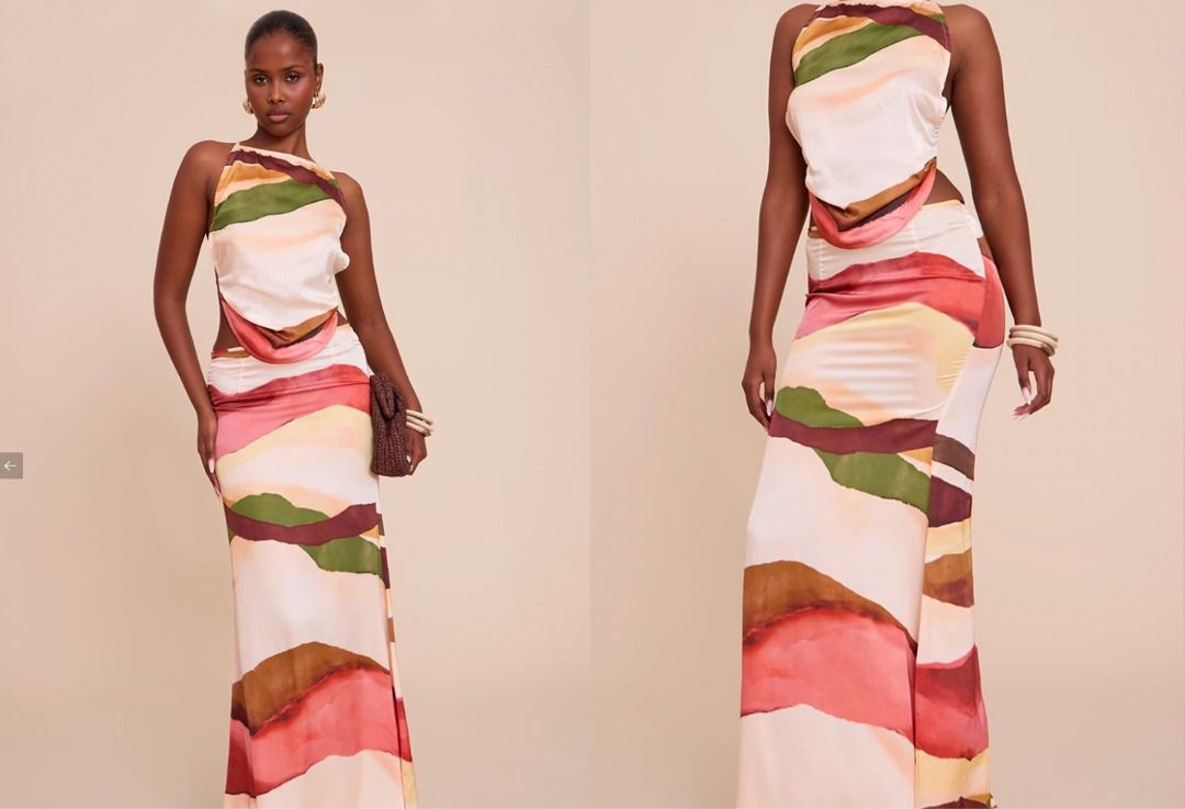 Printed High Neck Top and Maxi Skirt Set (Category: Sets or Coordinates) located in Manila. Submitted by b_fashion_closet (Listing ID 1418690755, Image 1). Description: Original Price: 40 pounds or 3200 pesos From UK brand PrettyLittleThing Size UK 6 or US 2, Sold as a set Brand New with Tags and Packaging Looks the same as the photos RFS: Doesnt fit me.