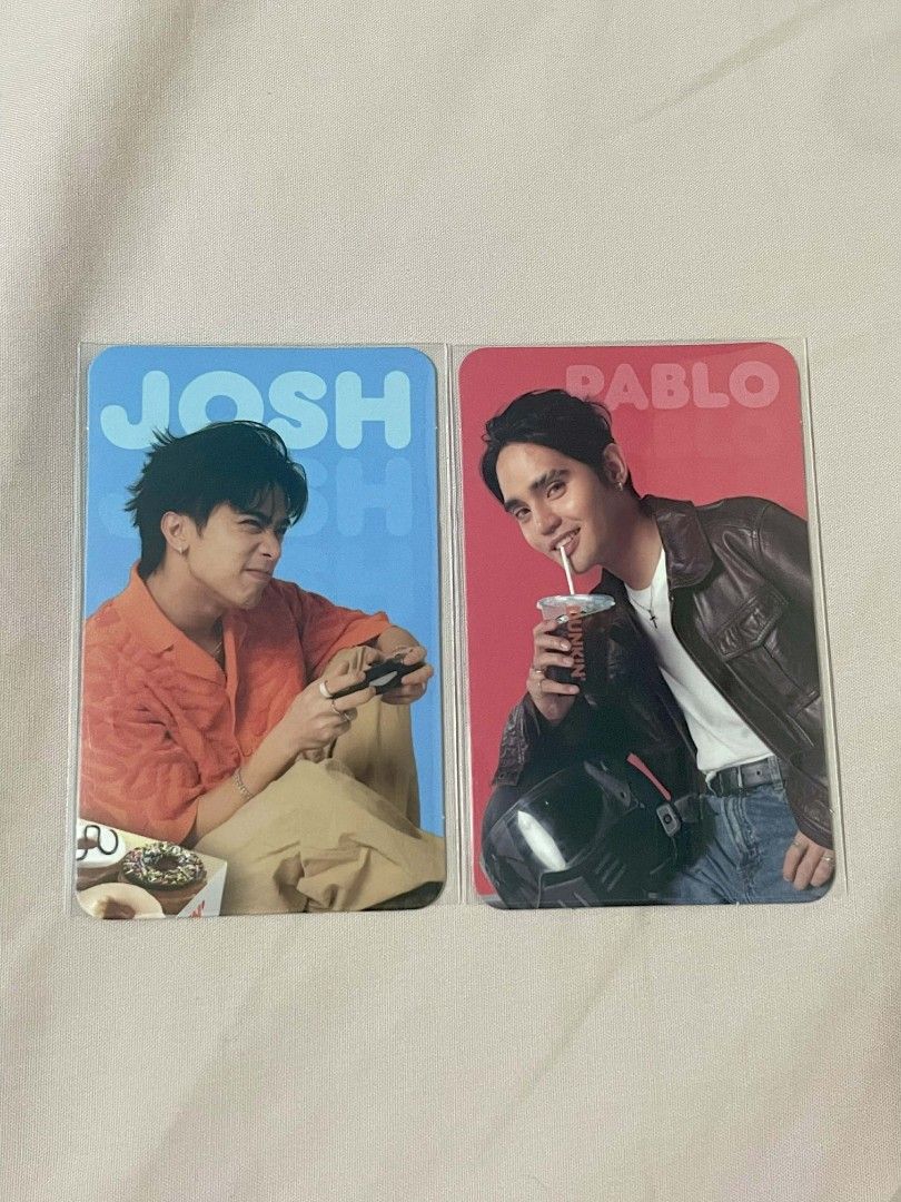 SB19 Josh and Pablo Dunkin Photocards SET (Category: K-Wave Merchandise) located in Marilao. Submitted by mamiai_store (Listing ID 1418720539, Image 1). Description: SB19 JOSH & PABLO DUNKIN PHOTOCARDS - Take all for Php 80 - Php 50 if tingi.