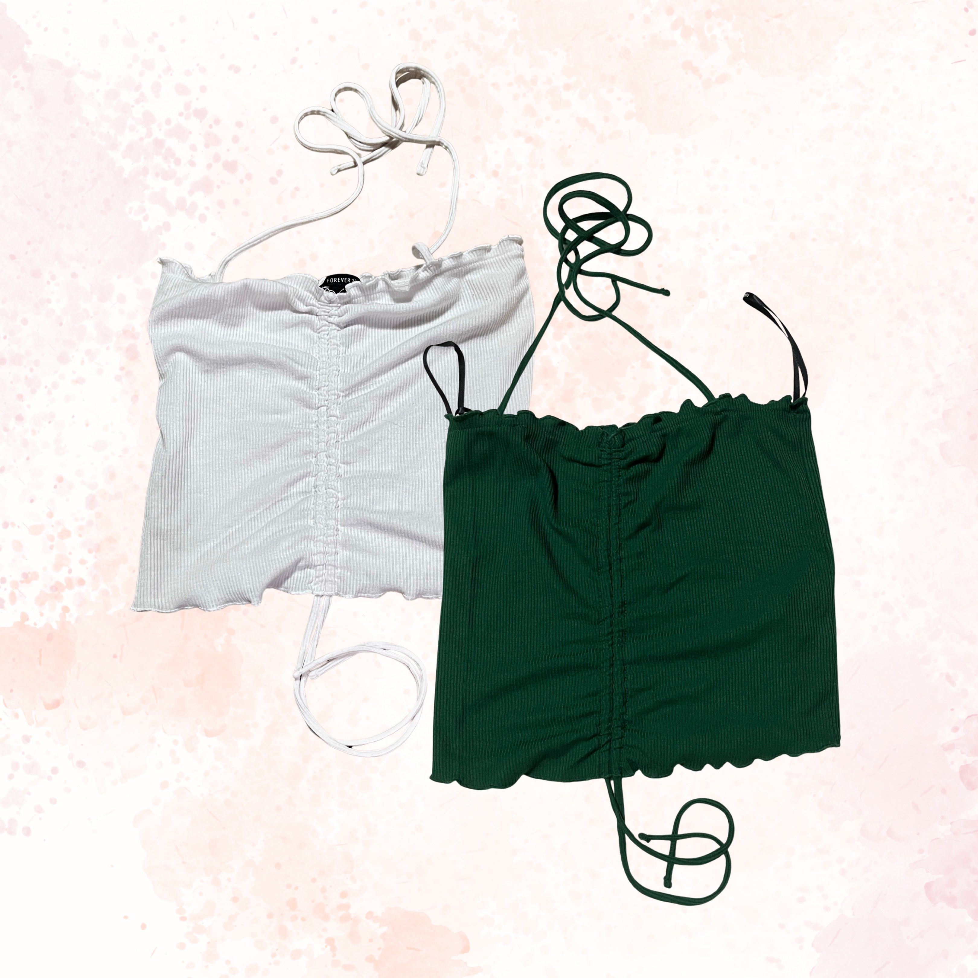 [SET] Forever 21 White Green Ribbed Halter Top (Category: Sleeveless) located in Manila. Submitted by 9013cm (Listing ID 1418725505, Image 1). Description: Size SMALL, first XS-L Waist 25-26 ₱100 SET + SHIPPING ❗️Please read the TERMS AND CONDITIONS before transacting MOP: GCash, Maya, or cash upon meet up (NO COD) MOD: J&T, Lalamove, or meet up around Dapitan area only Location: Sampaloc Manila.