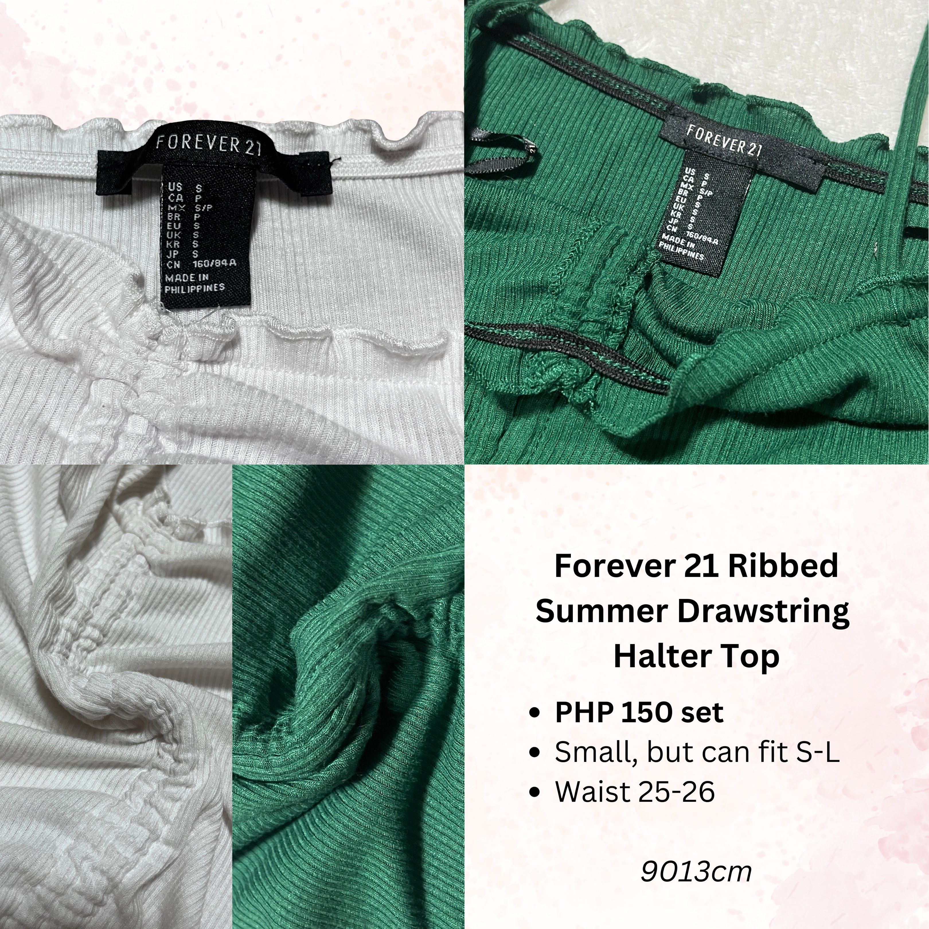 [SET] Forever 21 White Green Ribbed Halter Top (Category: Sleeveless) located in Manila. Submitted by 9013cm (Listing ID 1418725505, Image 2). Description: Size SMALL, first XS-L Waist 25-26 ₱100 SET + SHIPPING ❗️Please read the TERMS AND CONDITIONS before transacting MOP: GCash, Maya, or cash upon meet up (NO COD) MOD: J&T, Lalamove, or meet up around Dapitan area only Location: Sampaloc Manila.