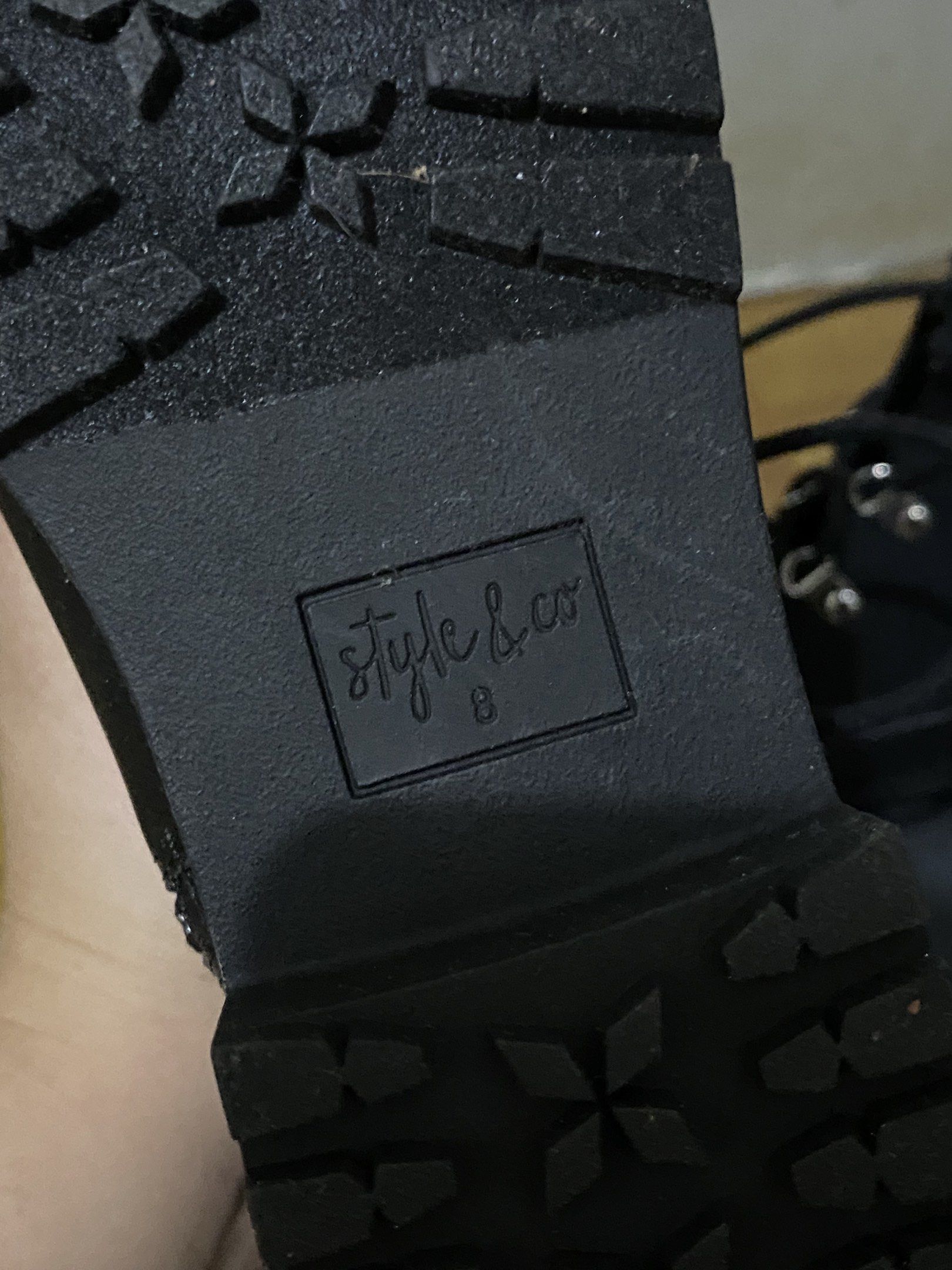Style & Co Black Boots Size 8 (Category: Boots) located in Paranaque City. Submitted by elizahserr40438 (Listing ID 1418746642, Image 2). Description: - Style & Co black boots - Size 8 - Lace-up design with metal eyelets - Side zipper - Chunky sole - Made of leather and suede-like material.