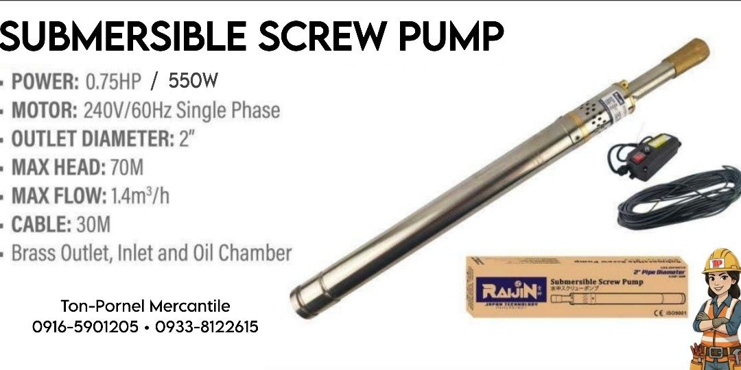 SUBMERSIBLE SCREW PUMP 2" (Category: Construction Tools & Equipment) located in Manila. Submitted by tonpornel (Listing ID 1418628071, Image 1). Description: SUBMERSIBLE SCREW PUMP 2" Ton-Pornel Mercantile • We supply Powertools, Hardware tools, Plumbing, Paints, Electrical and Construction materials • We offer Paint Mixing and Powertools Repair Visit us: 38 Marcos Highway Mayamot, Antipolo City https://maps.google.com/?cid=1384230075759805792&en