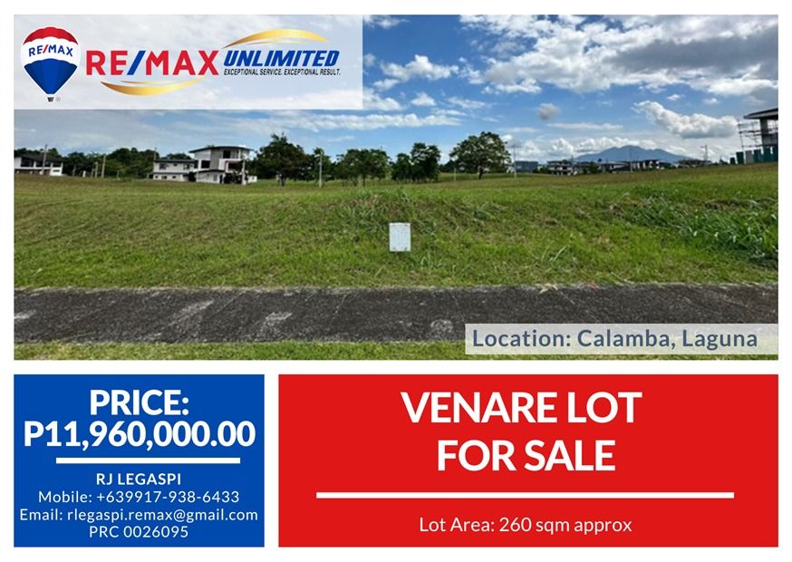 Venare Lot For Sale (Category: Lot) located in Makati City. Submitted by REMAXUNLIMITEDPH (Listing ID 1418640370, Image 1). Description: VENARE LOT FOR SALE Lot area: 260 sqm Regular lot Gross selling price: 11,960,000 /46k per sqm negotiable RJ LEGASPI REMAX UNLIMITED 0917.9386433.