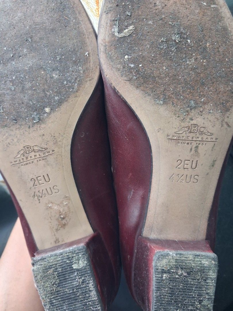 vintage bally red leather heels (Category: Flats & Sandals) located in Calabanga. Submitted by asmallcloset (Listing ID 1418621411, Image 3). Description: These Bally flats feature a burgundy leather exterior with a bow detail. The shoes have the Bally logo on the insole and bow. The size is 4 1/2 US and 2EU..