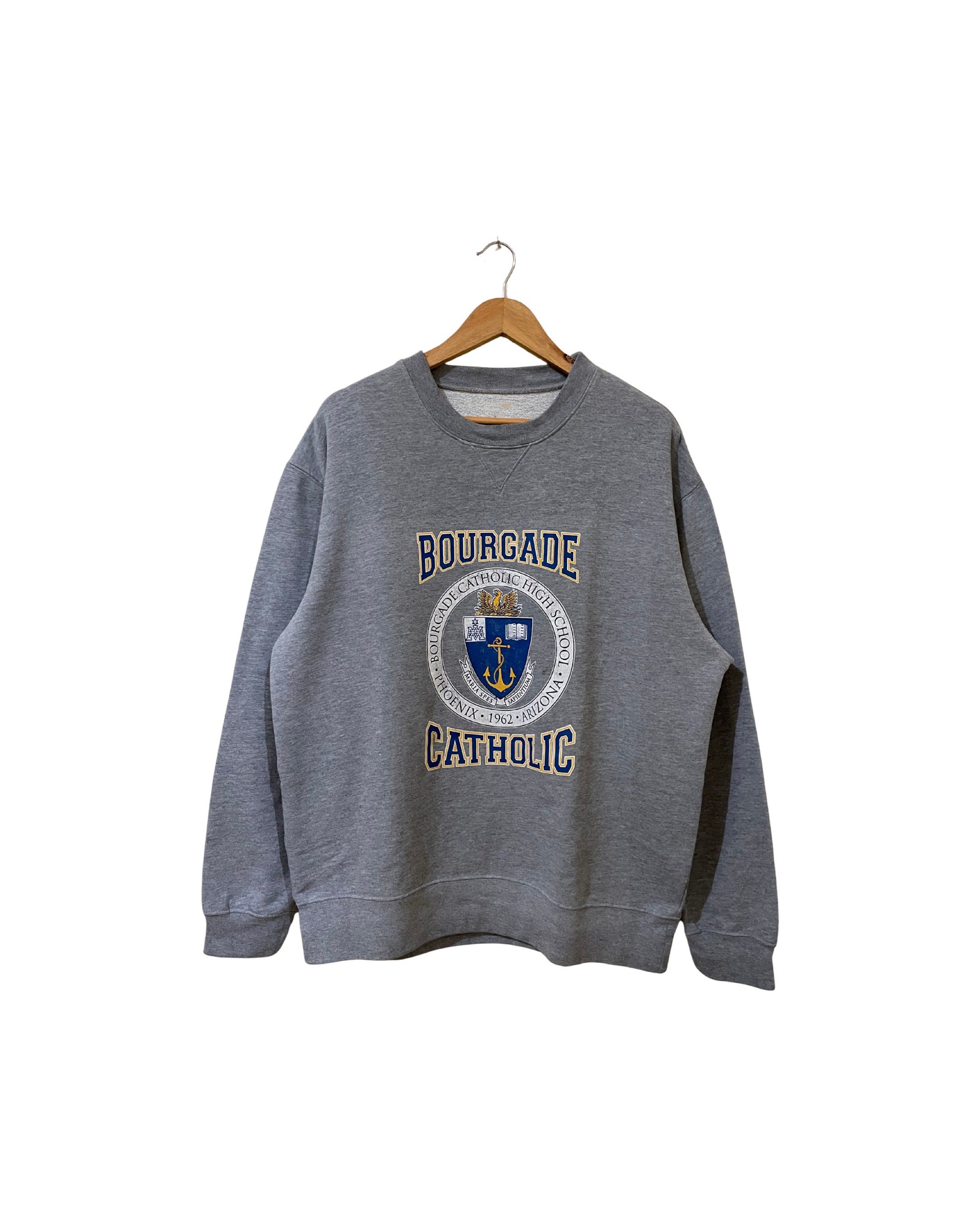 Vintage Bourgade Catholic Crewneck (Category: Activewear) located in Pasig City. Submitted by 2ftythrift (Listing ID 1418775387, Image 1). Description: Measurements: Length 28.5 Width 24 Issue/s: hairline.