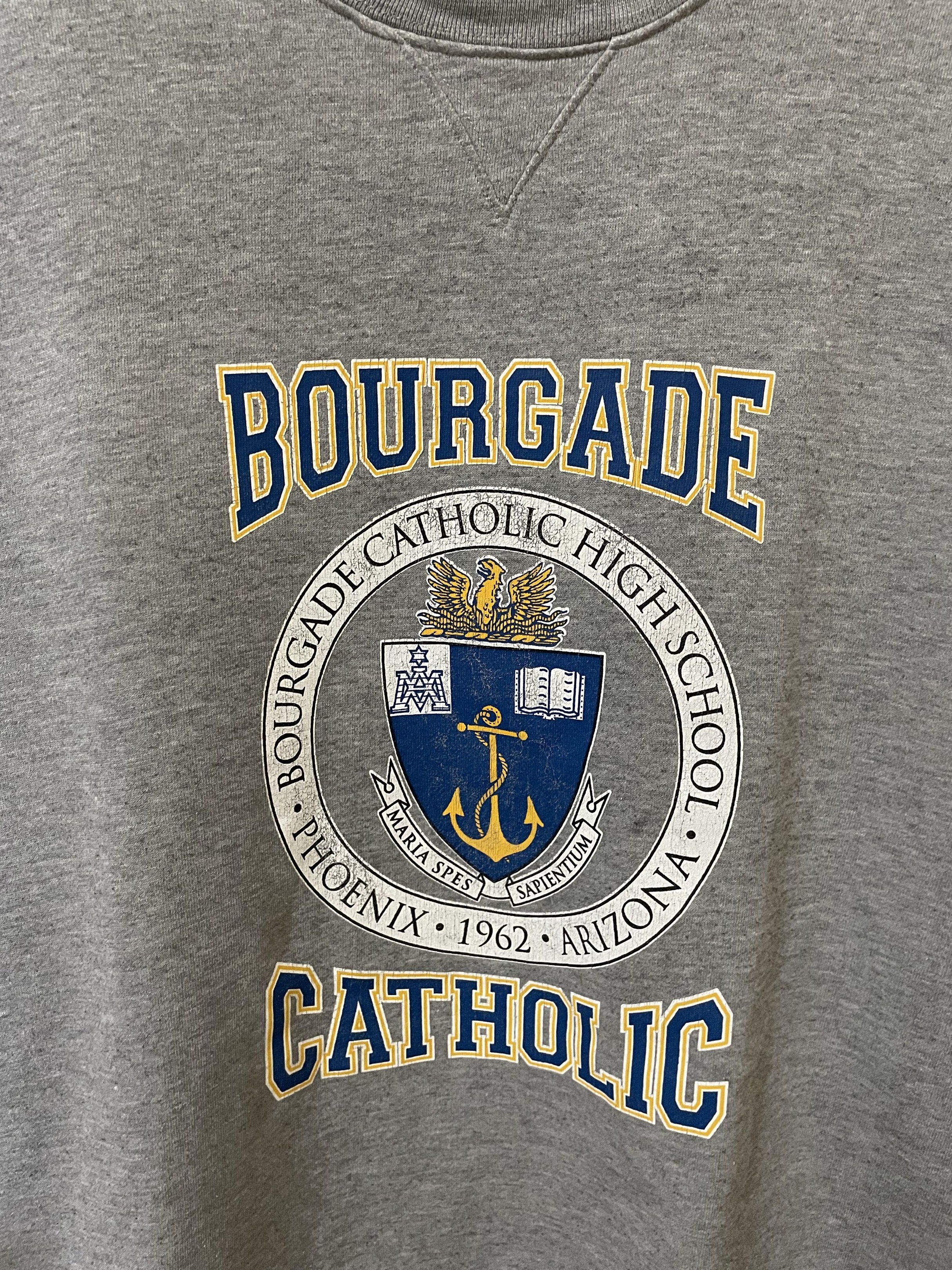Vintage Bourgade Catholic Crewneck (Category: Activewear) located in Pasig City. Submitted by 2ftythrift (Listing ID 1418775387, Image 2). Description: Measurements: Length 28.5 Width 24 Issue/s: hairline.