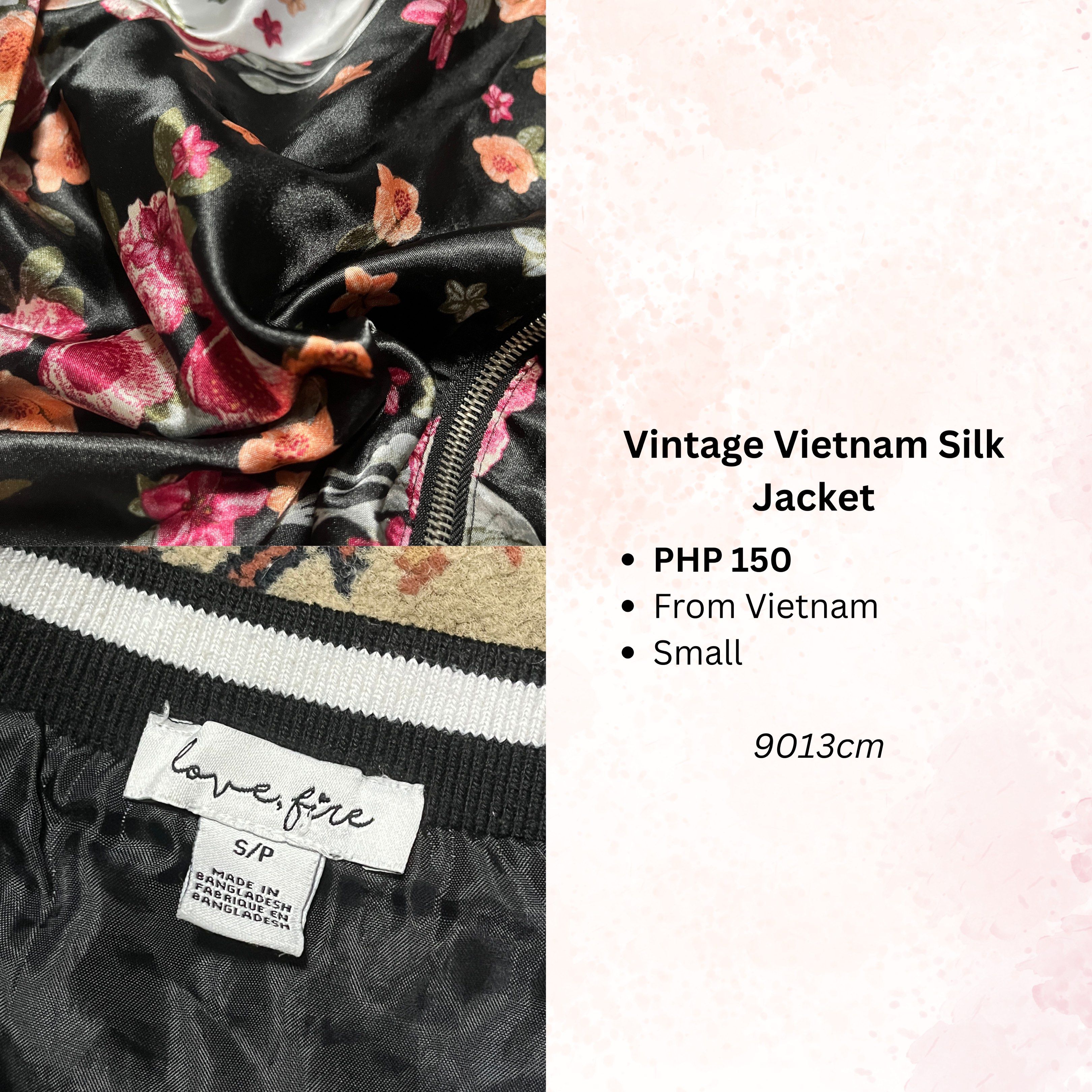 Vintage Silk Floral Bomber Jacket (Category: Coats, Jackets and Outerwear) located in Manila. Submitted by 9013cm (Listing ID 1418725503, Image 2). Description: Size SMALL, fits XS-M From VIETNAM NO FLAWS ₱150 + SHIPPING ❗️Please read the TERMS AND CONDITIONS before transacting MOP: GCash, Maya, or cash upon meet up (NO COD) MOD: J&T, Lalamove, or meet up around Dapitan area only Location: Sampaloc Manila.