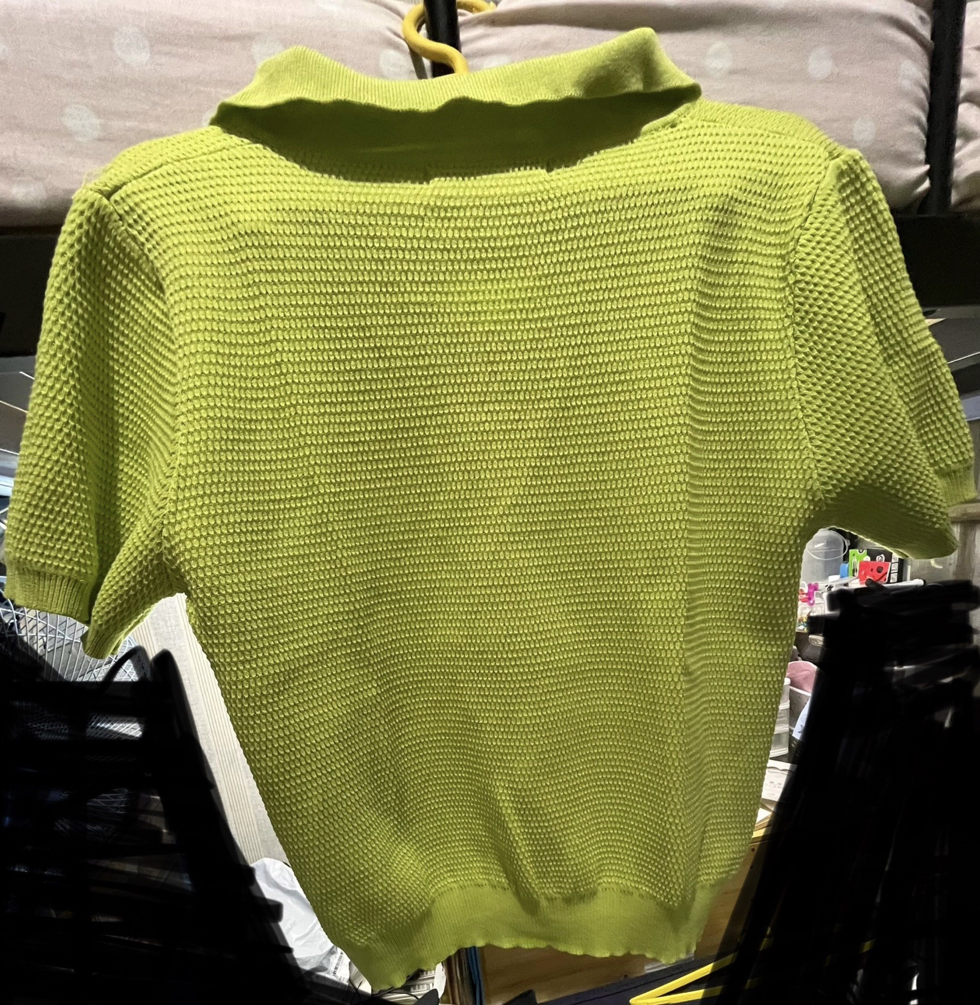 Yellow Green Knitted Top Stretchable (Large) (Category: Blouses) located in Quezon City. Submitted by micamicamicamicamica (Listing ID 1418757952, Image 2). Description: - GTW Urban yellow green polo top - Collared neckline - Short sleeves - Textured knit fabric - Stretchable - medium to xl built since stretchable - perfect for retro look - unisex - rfs: used once for an event - fixed price - shipping will be shouldered by the buyer - loc: qc .