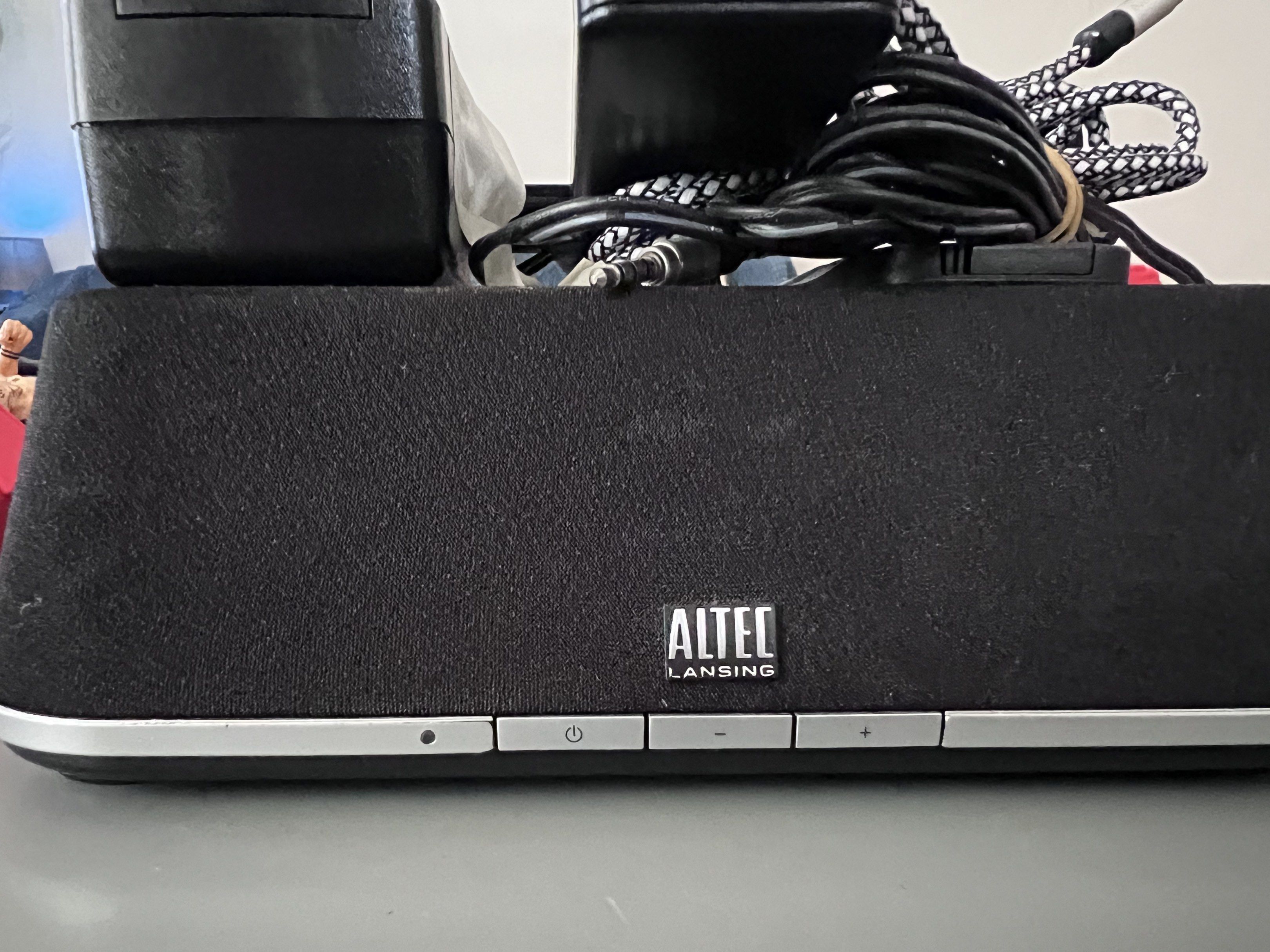 Altec Lansing MP450 Powered Audio System (Category: Soundbars, Speakers & Amplifiers) located in Makati City. Submitted by aja4817 (Listing ID 1418833402, Image 3). Description: Altec Lansing MP450 powered audio system with remote control. Includes power adapter and cable. Features multiple viewing angles and remote control. Designed in USA, Made in China. Model number is MP450. The speaker has power, volume, and menu controls on the front..