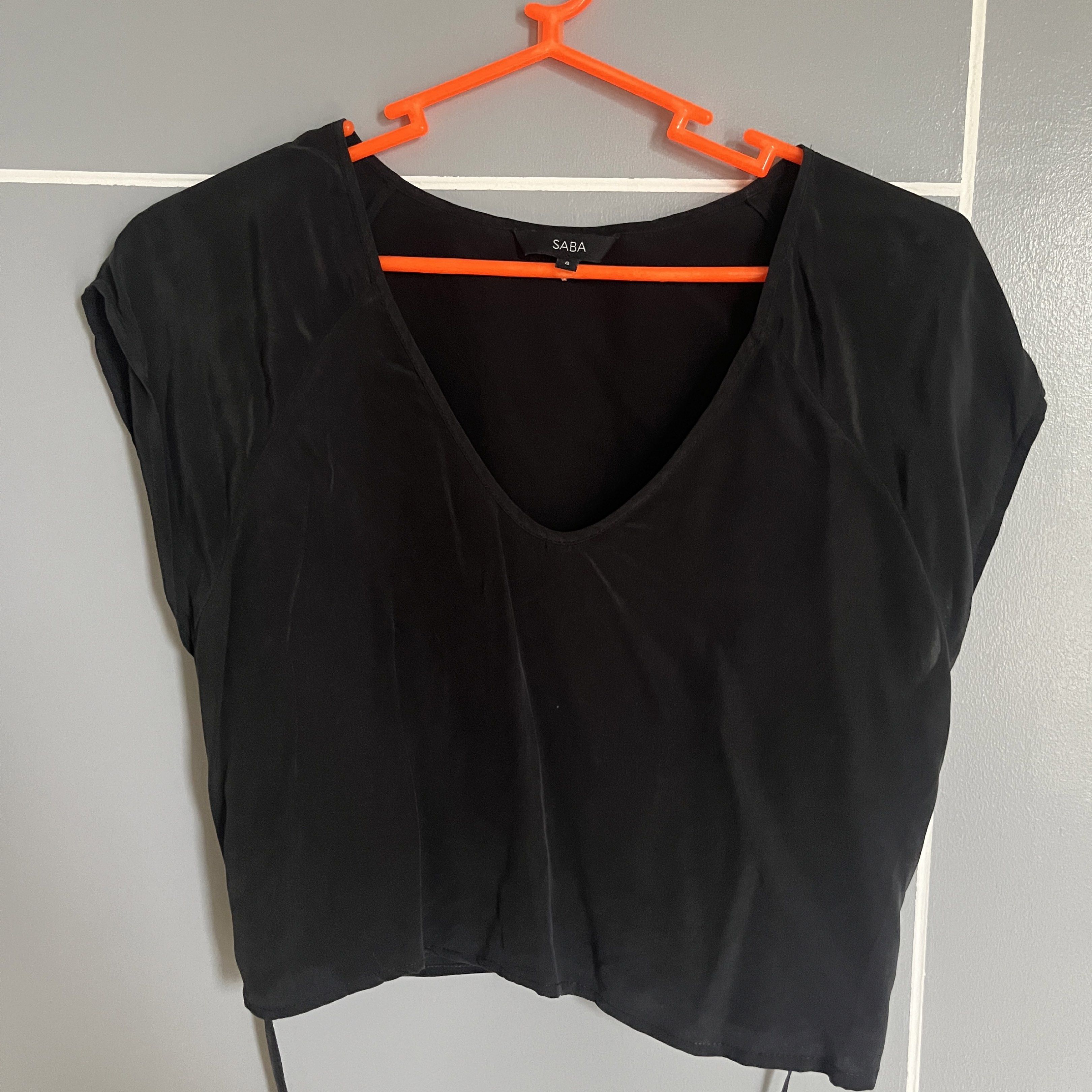 Black Deep Neckline Top (Category: Sleeveless) located in Taguig. Submitted by _handydandy (Listing ID 1418927651, Image 1). Description: - SABA black crop top - Built with satin string to wrap around your waist - Deep V-neck design - lightweight fabric; presko - Short sleeves - Tie details on the sides - Size 8 - Made of a smooth material.