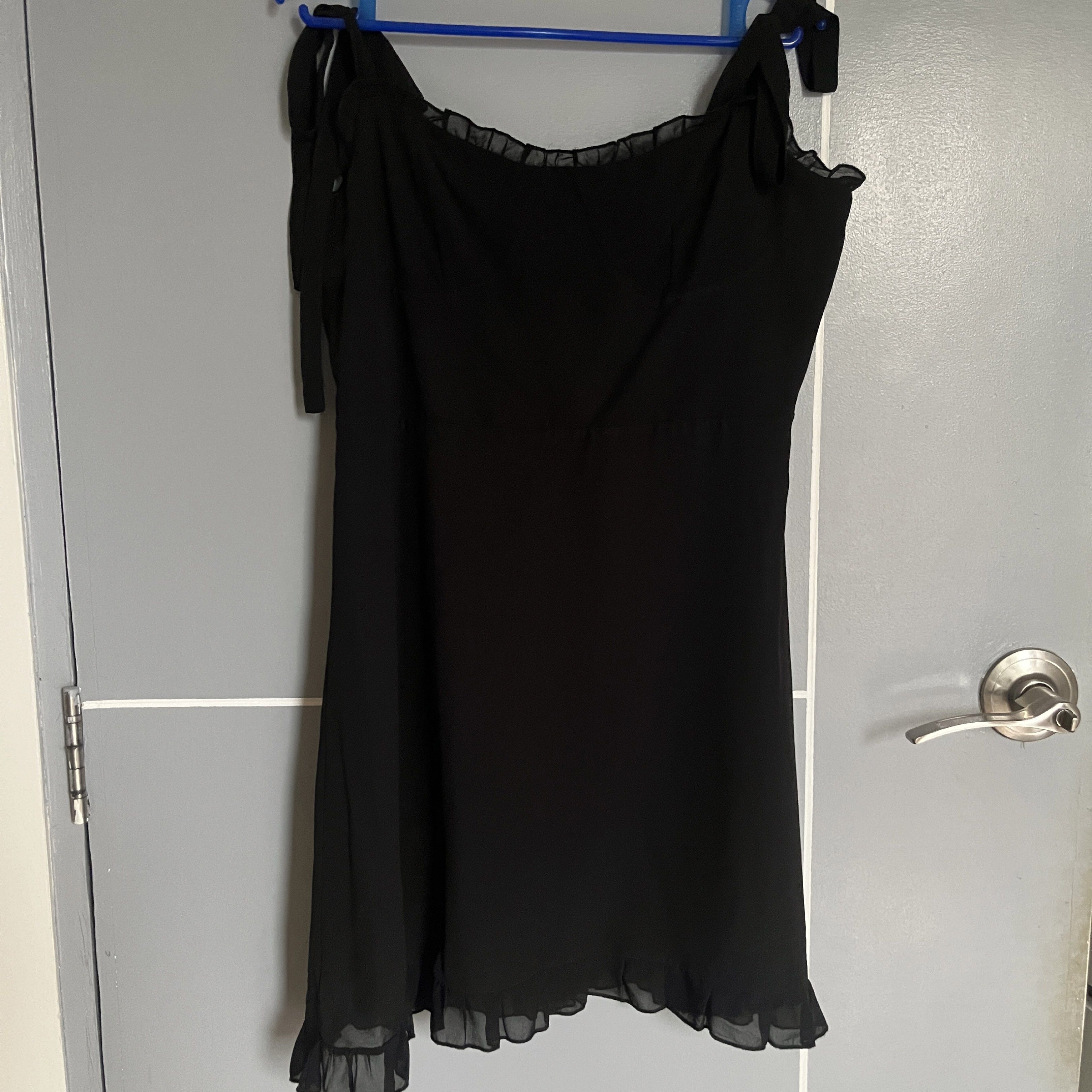 Black Tie-Strap Dress (Category: Dresses) located in Taguig. Submitted by _handydandy (Listing ID 1418905974, Image 1). Description: - Black dress with tie straps - Size small - medium - Used twice; then kept in storage - Super presko; lightweight fabric - Ruffled neckline and hem - Fitted bodice, flowing skirt - Lightweight, draping fabric - Versatile for various occasions.