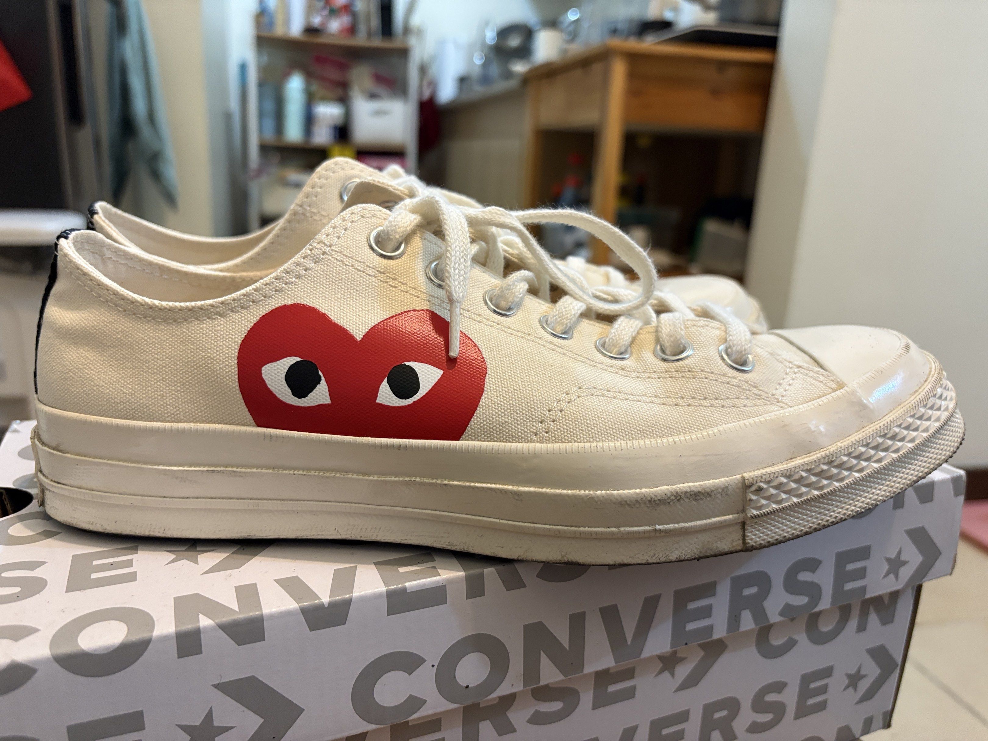 Converse x Comme des Garcons Play Chuck 70 (Size M9) (Category: Sneakers) located in Pasig City. Submitted by indigo033 (Listing ID 1418915855, Image 1). Description: ✔️ Authentic Converse x Comme des Garçons ✔️ Color: Beige ✔️ Condition: Slightly used, just needs a little bit of cleaning Details: • Size: US Men’s 9 / Women’s 11 • Includes original box 🏷️ Price is negotiable.