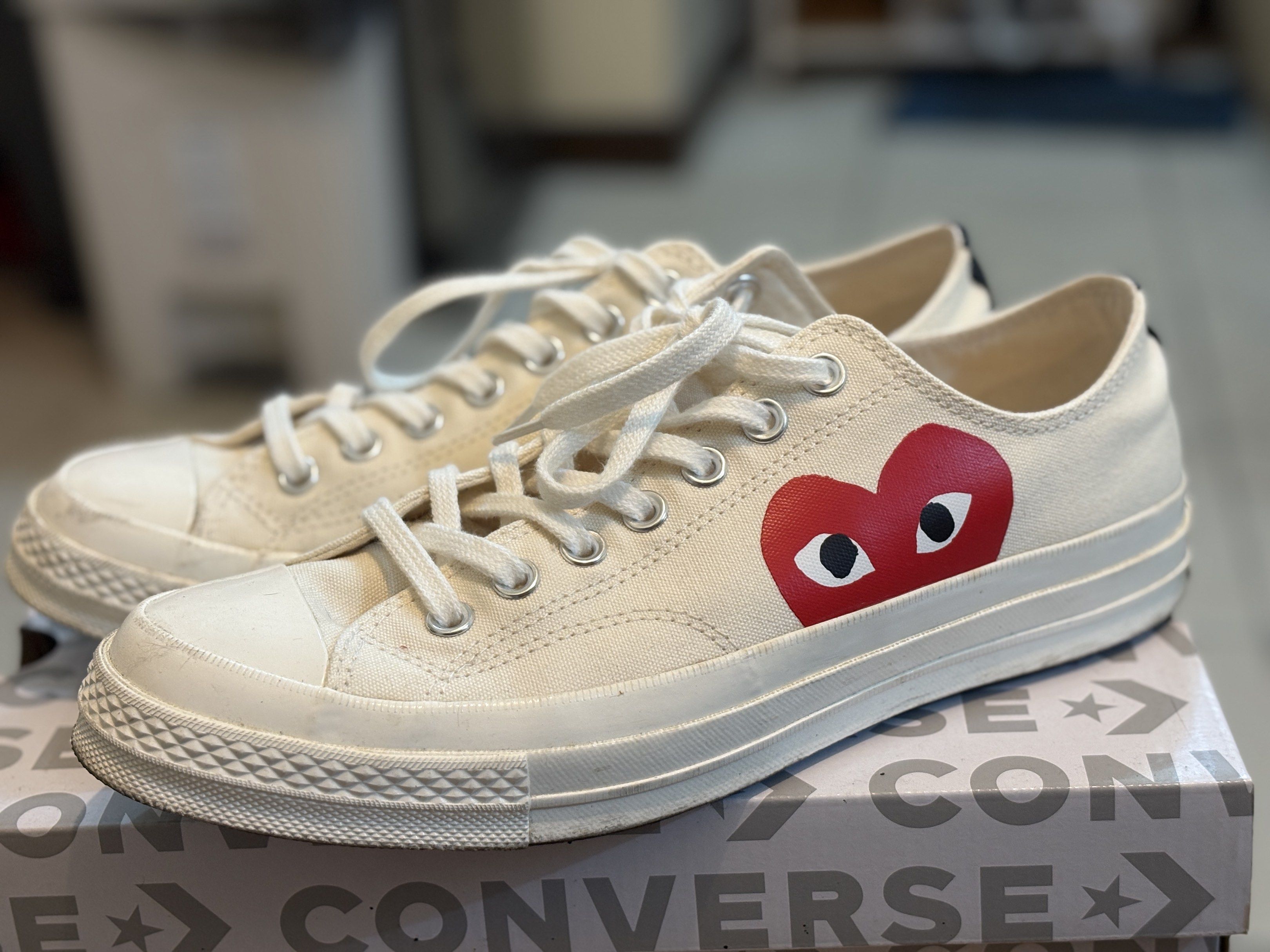 Converse x Comme des Garcons Play Chuck 70 (Size M9) (Category: Sneakers) located in Pasig City. Submitted by indigo033 (Listing ID 1418915855, Image 3). Description: ✔️ Authentic Converse x Comme des Garçons ✔️ Color: Beige ✔️ Condition: Slightly used, just needs a little bit of cleaning Details: • Size: US Men’s 9 / Women’s 11 • Includes original box 🏷️ Price is negotiable.