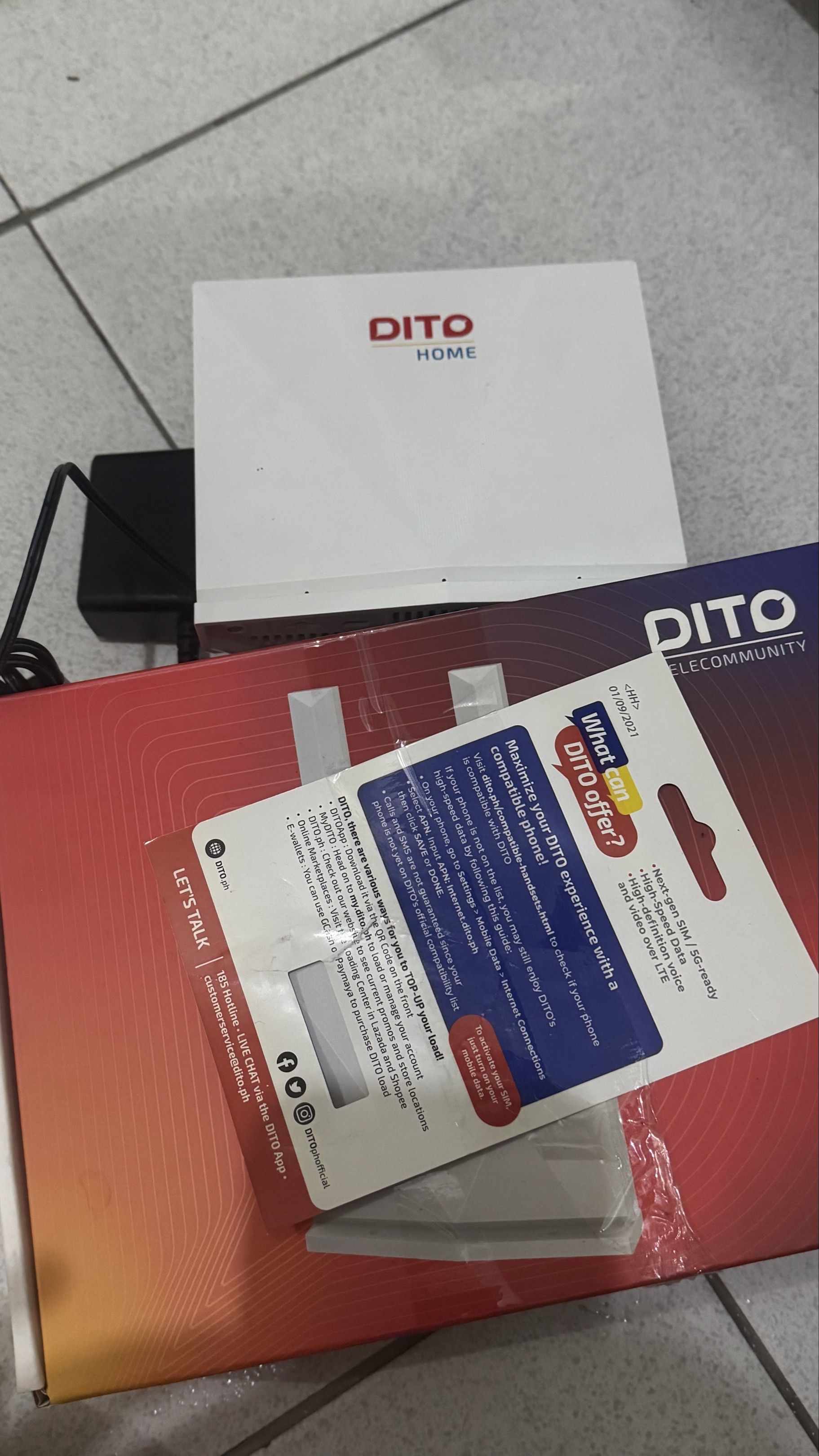 DITO Home WiFi Router Prepaid with Sim (Category: Networking) located in Manila. Submitted by bcdeef (Listing ID 1418949116, Image 1). Description: - DITO Home WiFi router with SIM card - Includes router, power adapter, SIM card, and box - Features two antennas - SIM card provides high-speed data - Optimized for video streaming over LTE.