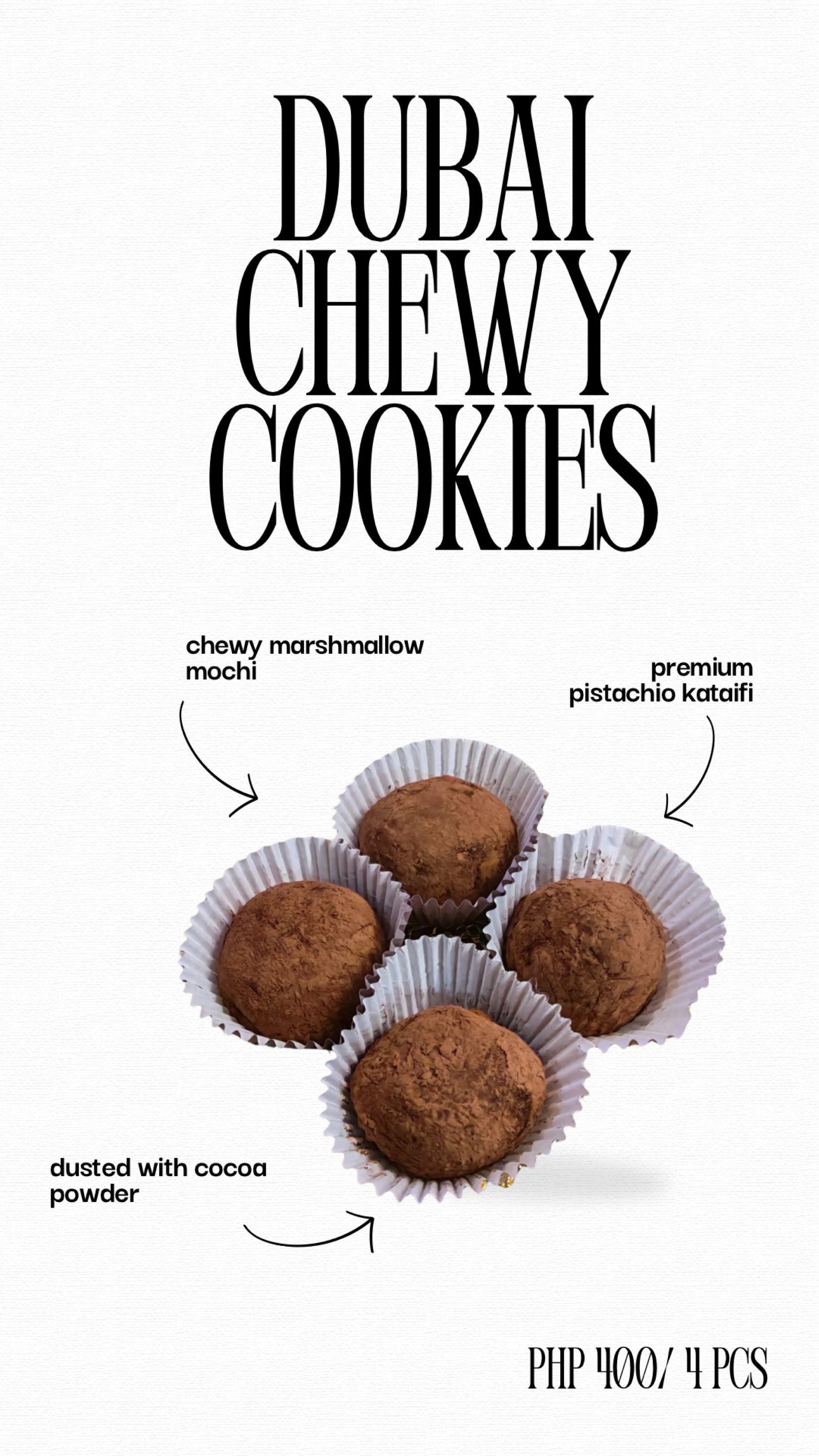 Dubai Chewy Cookies - 4 Pieces (Category: Packaged & Instant Food) located in Quezon City. Submitted by llouisejoy (Listing ID 1418872141, Image 1). Description: - Delicious Dubai Chewy Cookies! - Features a chewy marshmallow mochi center. - Contains premium pistachio kataifi. - Dusted with cocoa powder. - Each order includes 4 pieces. - Perfect for sharing or enjoying solo!.