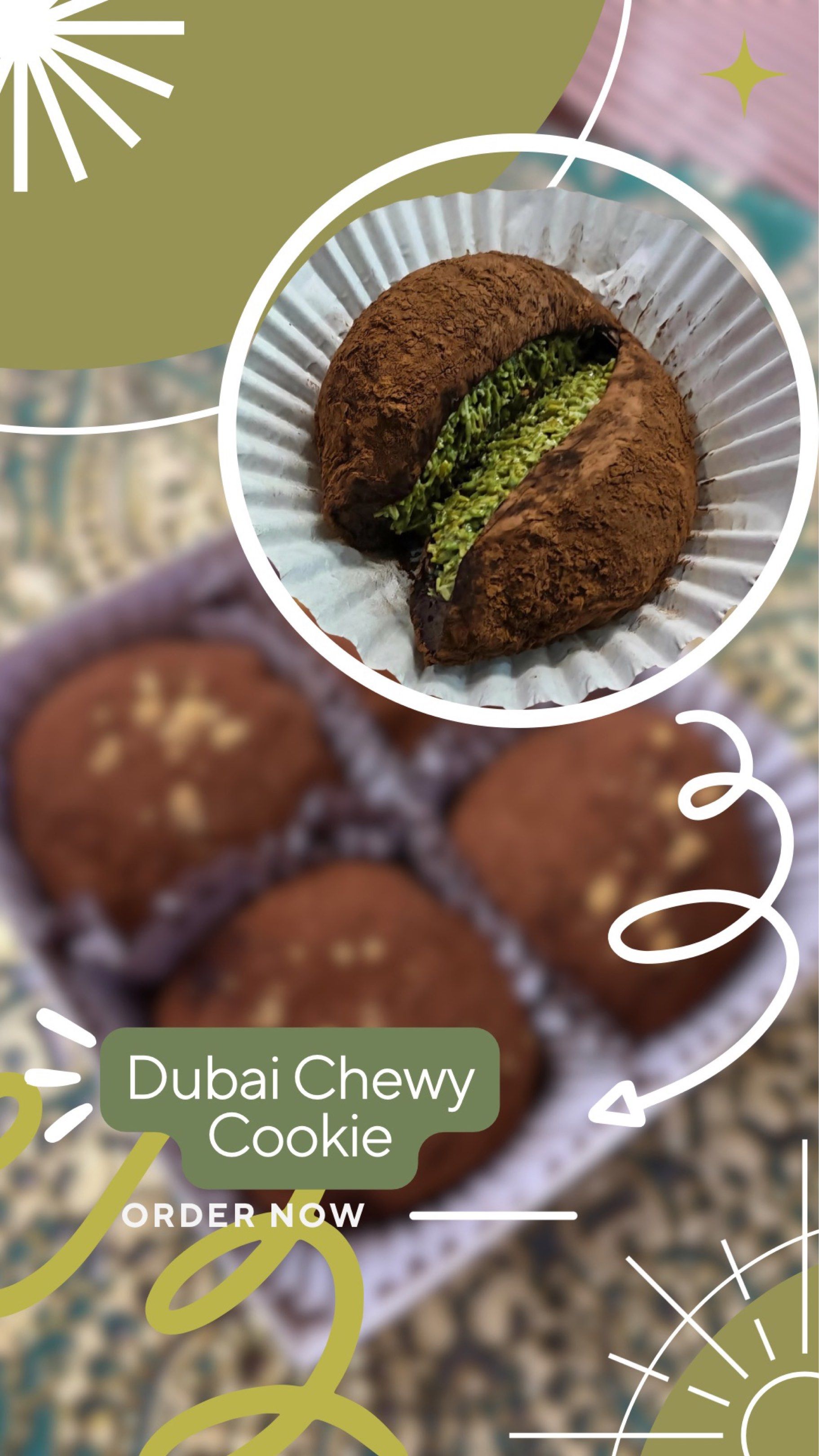 Dubai Chewy Cookies - 4 Pieces (Category: Packaged & Instant Food) located in Quezon City. Submitted by llouisejoy (Listing ID 1418872141, Image 2). Description: - Delicious Dubai Chewy Cookies! - Features a chewy marshmallow mochi center. - Contains premium pistachio kataifi. - Dusted with cocoa powder. - Each order includes 4 pieces. - Perfect for sharing or enjoying solo!.