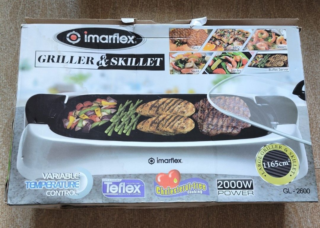 Imarflex Griller & Skillet GL-2600 (Category: Cookware & Accessories) located in Bulacan. Submitted by quenney (Listing ID 1418815972, Image 1). Description: Imarflex GL-2600 electric griller and skillet. Used 3x like new It offers several features and specifications: It functions as a griller and skillet for grilling, BBQ, steaming, sautéing, stir-frying, and as a buffet server. It features variable temperature control and a large 1165 cm² cooki