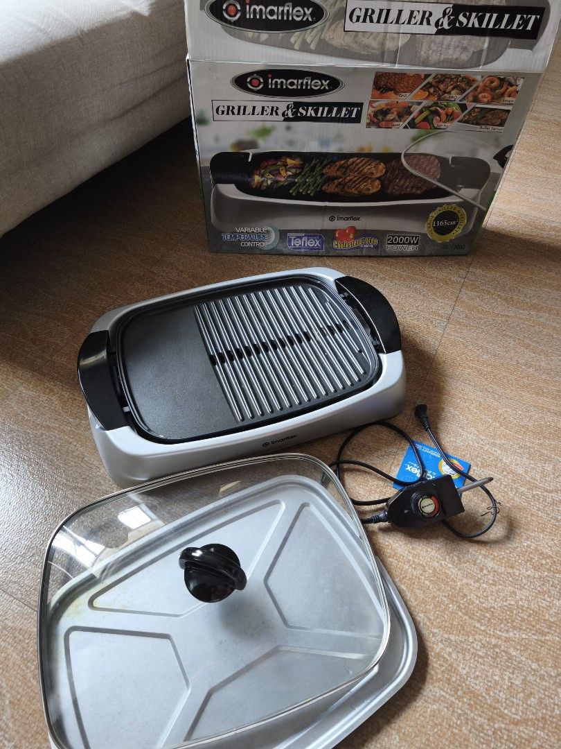 Imarflex Griller & Skillet GL-2600 (Category: Cookware & Accessories) located in Bulacan. Submitted by quenney (Listing ID 1418815972, Image 2). Description: Imarflex GL-2600 electric griller and skillet. Used 3x like new It offers several features and specifications: It functions as a griller and skillet for grilling, BBQ, steaming, sautéing, stir-frying, and as a buffet server. It features variable temperature control and a large 1165 cm² cooki