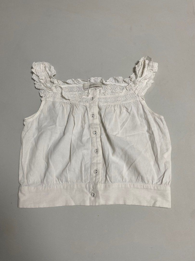 Intique Vintage White Eyelet Top (Category: Blouses) located in Calamba. Submitted by curse.thin_ (Listing ID 1418778487, Image 1). Description: - Intique white eyelet top - Button-down front - Delicate eyelet detailing - Cropped length - Ruffled trim - Lightweight fabric - Perfect for warm weather - Dress up or down.