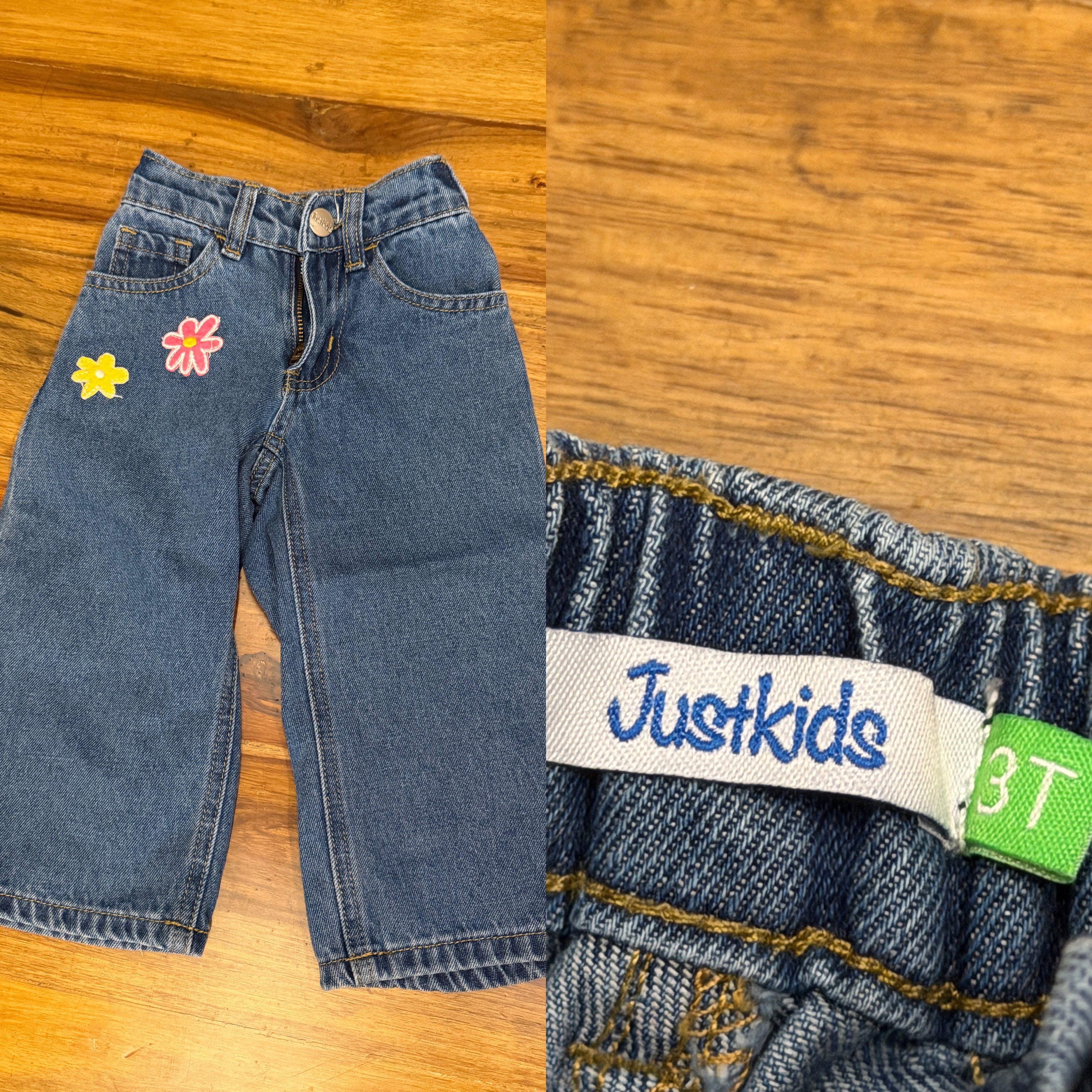 Justkids Denim Jeans 3T (Category: Babies & Kids Fashion) located in Bacolod City. Submitted by shopwithesa (Listing ID 1418846087, Image 1). Description: - Never worn - Justkids denim jeans - Classic blue wash - Adorable flower appliqués - Comfortable elastic waistband - Size: 3T - Perfect for everyday wear.
