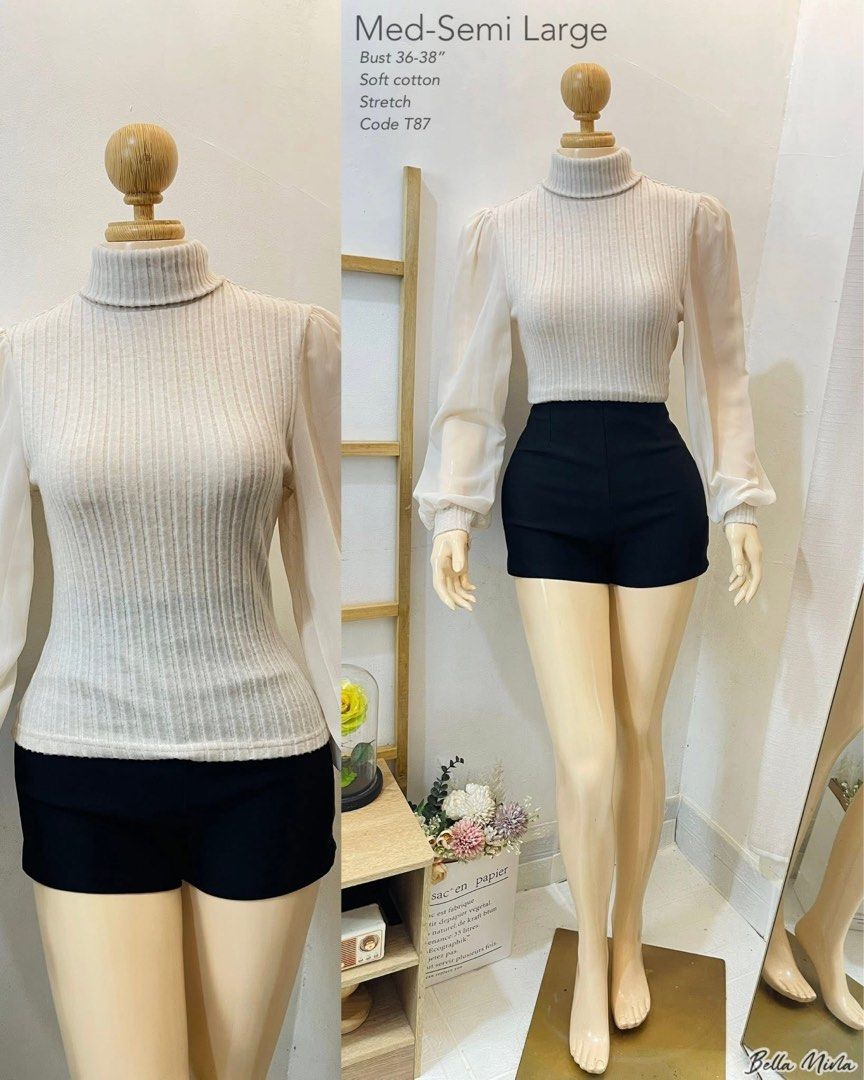 Knitted Turtleneck Top with Sheer Sleeves (Category: Longsleeves) located in Cebu City. Submitted by candy_ytal (Listing ID 1418848768, Image 1). Description: - Stylish turtleneck top - Sheer sleeves - Soft cotton and stretchable fabric - Bust size: 36-38.