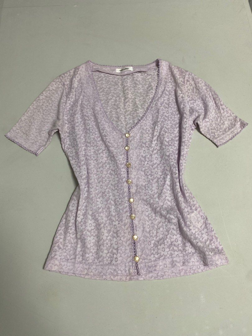 Lilac Floral Lace Button-Up Top (Category: Blouses) located in Calamba. Submitted by curse.thin_ (Listing ID 1418780292, Image 1). Description: - Lavender floral print top - V-neckline - Short sleeves - Button-down front - Lightweight fabric - Ideal for warm weather.