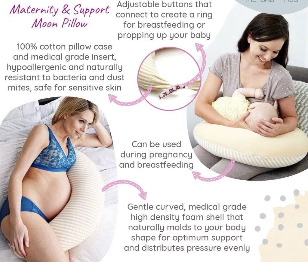 Mamaway Maternity & Support Moon Pillow (Category: Maternity Care) located in San Juan City. Submitted by rlcaps (Listing ID 1418865786, Image 2). Description: - Maternity & breastfeeding moon pillow - 100% cotton pillowcase - Medical-grade, hypoallergenic insert - Safe for sensitive skin - Adjustable buttons for baby support - Machine washable - Good as new with cover bag - rarely used for a month .