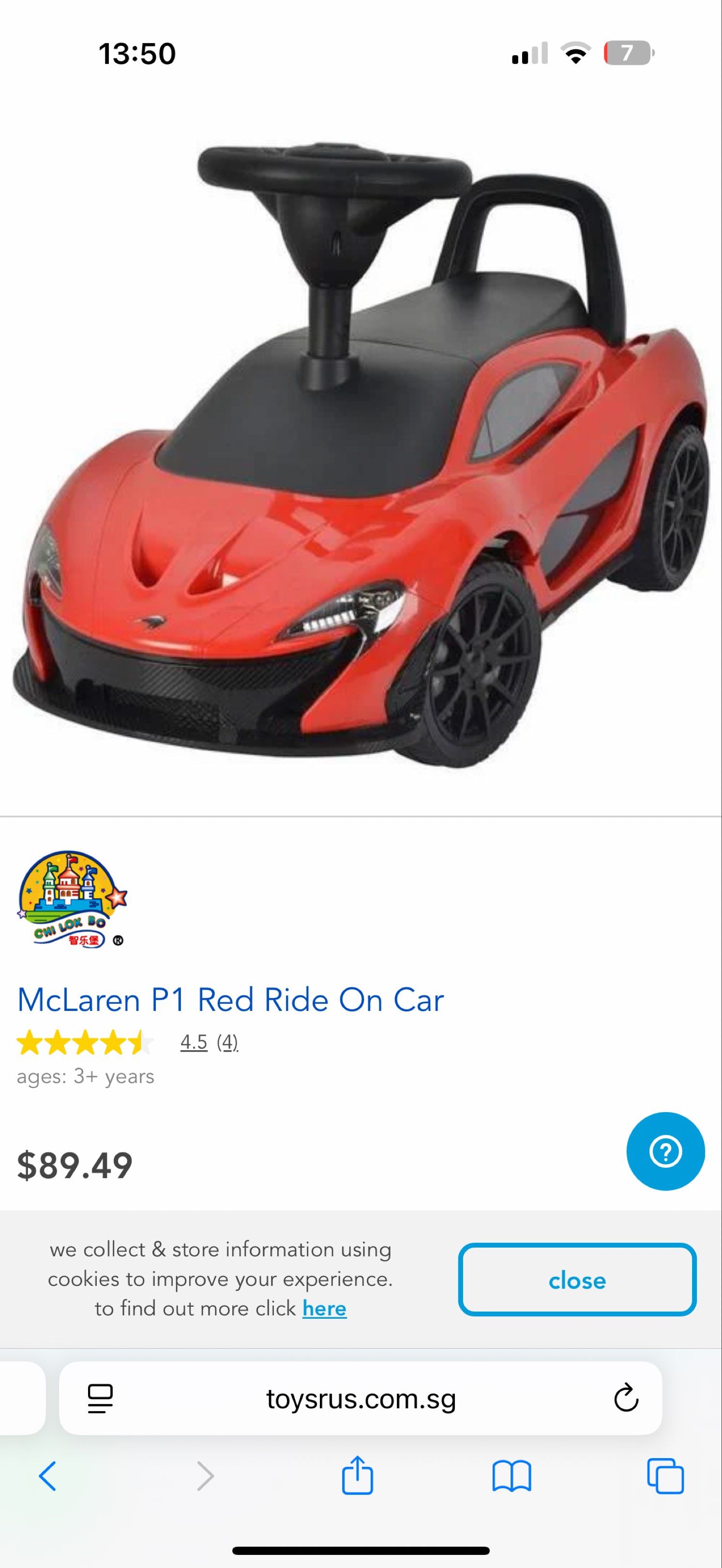 McLaren Red Ride On Car (Category: Toys & Games) located in Singapore. Submitted by ziyane (Listing ID 1418829810, Image 1). Description: - Red McLaren P1 ride-on car - Designed for children aged 3+ - Includes a steering wheel for control - Features a handle for easy maneuvering - Ideal for outdoor fun.